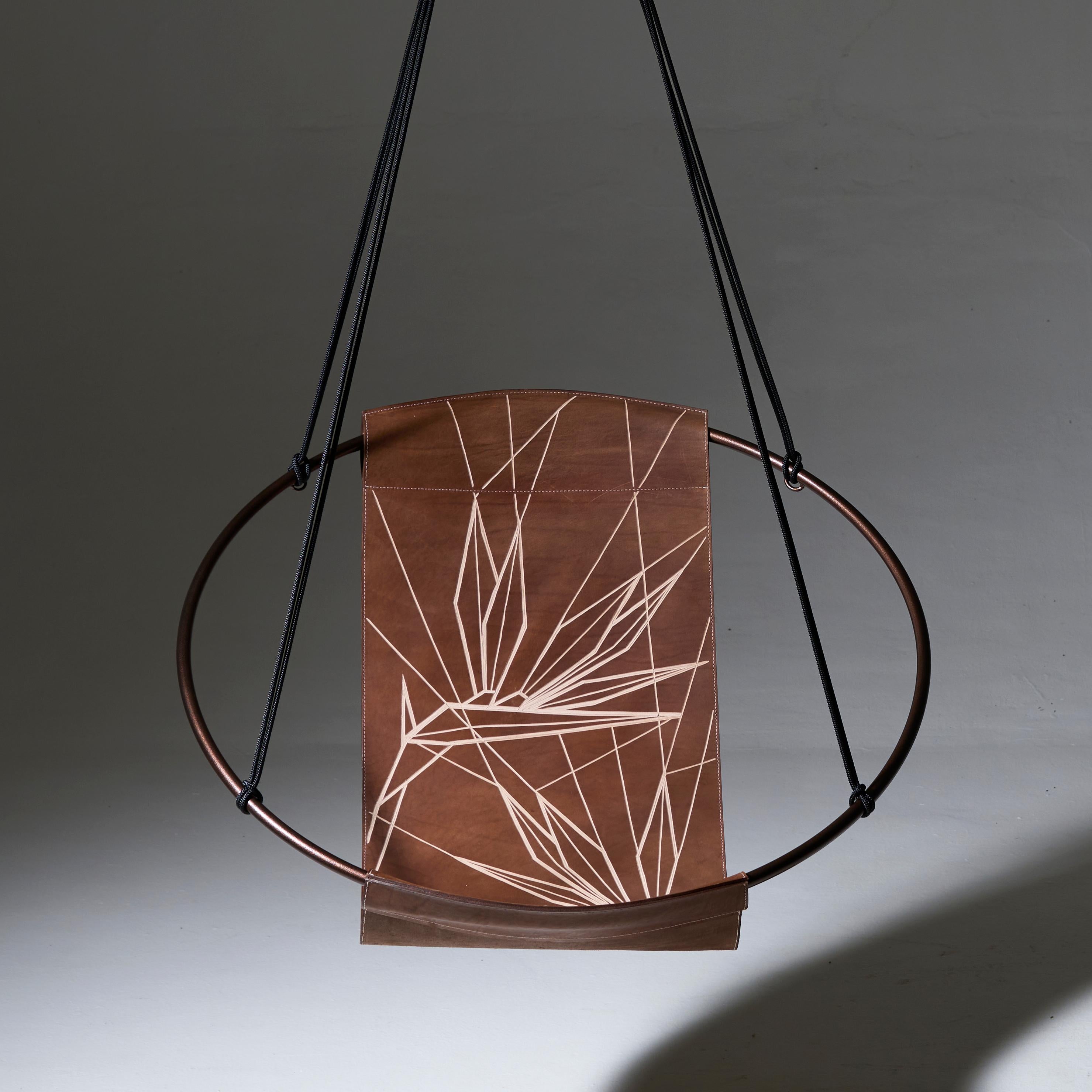 South African Minimal Modern Sling Hanging Chair Strelitzia Carved into Genuine Leather For Sale
