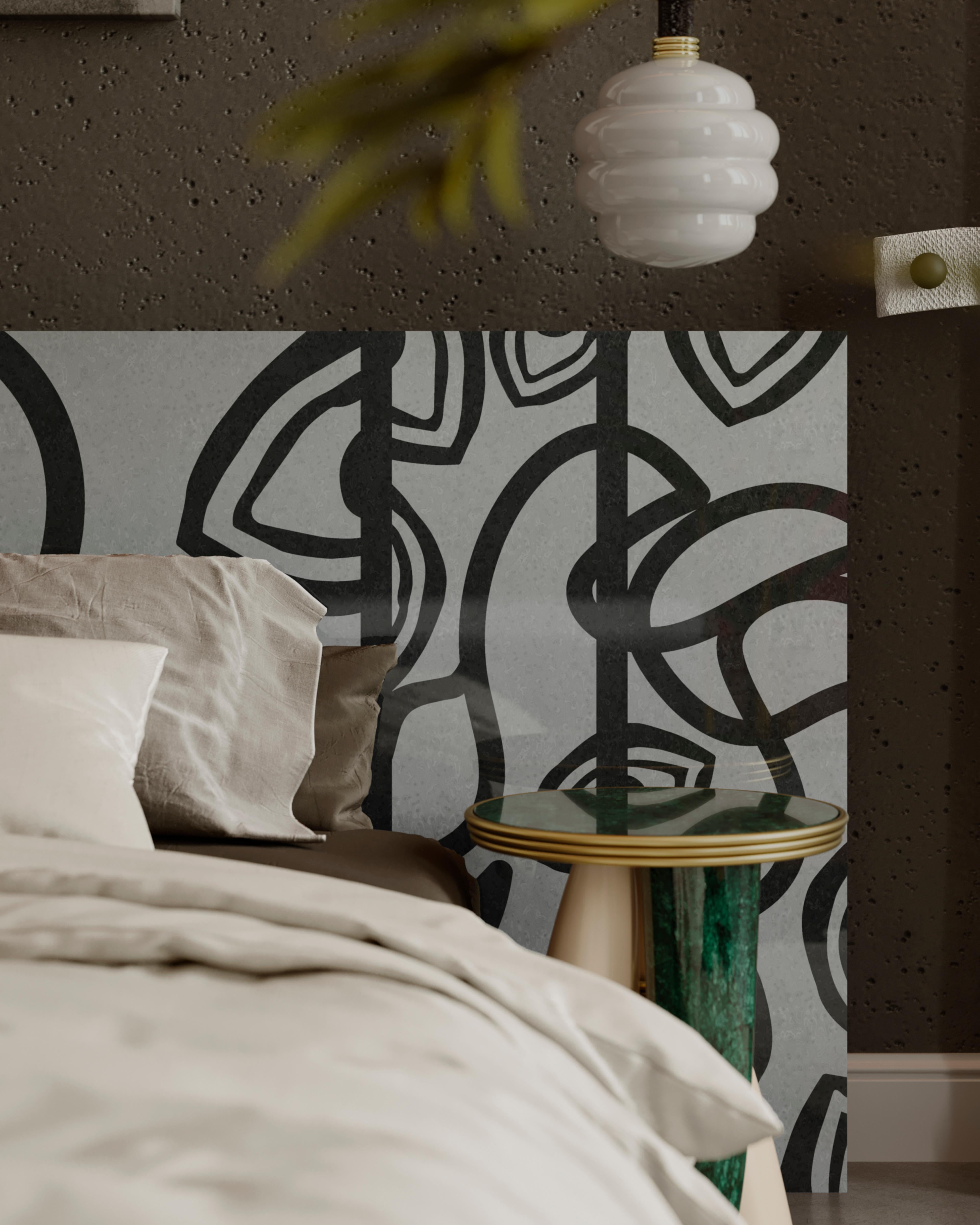 Hand-Crafted Minimal Modern Wood Headboard Abstract Balck & White Marquetry for King Bed For Sale