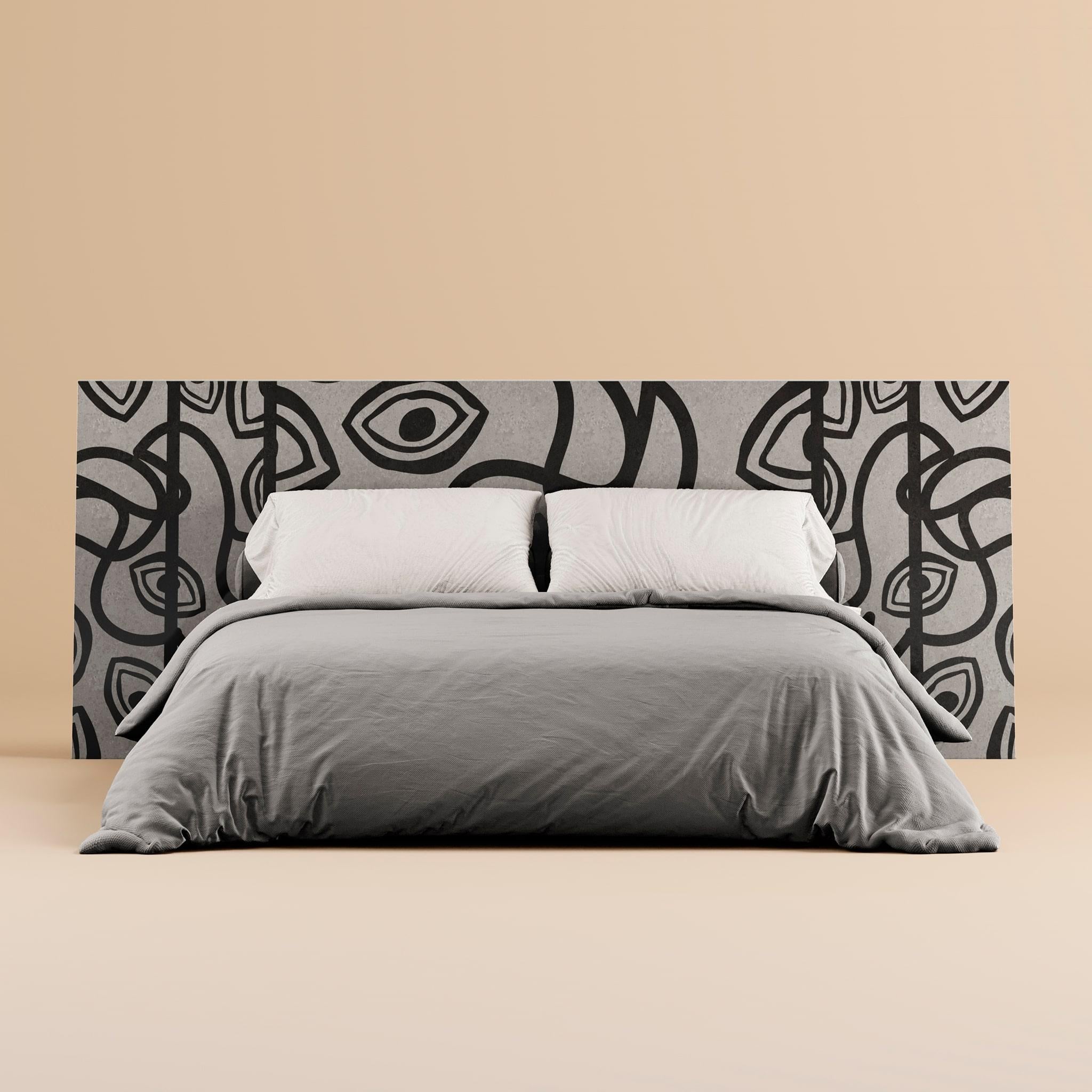 Mid-Century Modern Minimal Modern Wood Headboard Abstract Balck & White Marquetry for Queen Bed For Sale