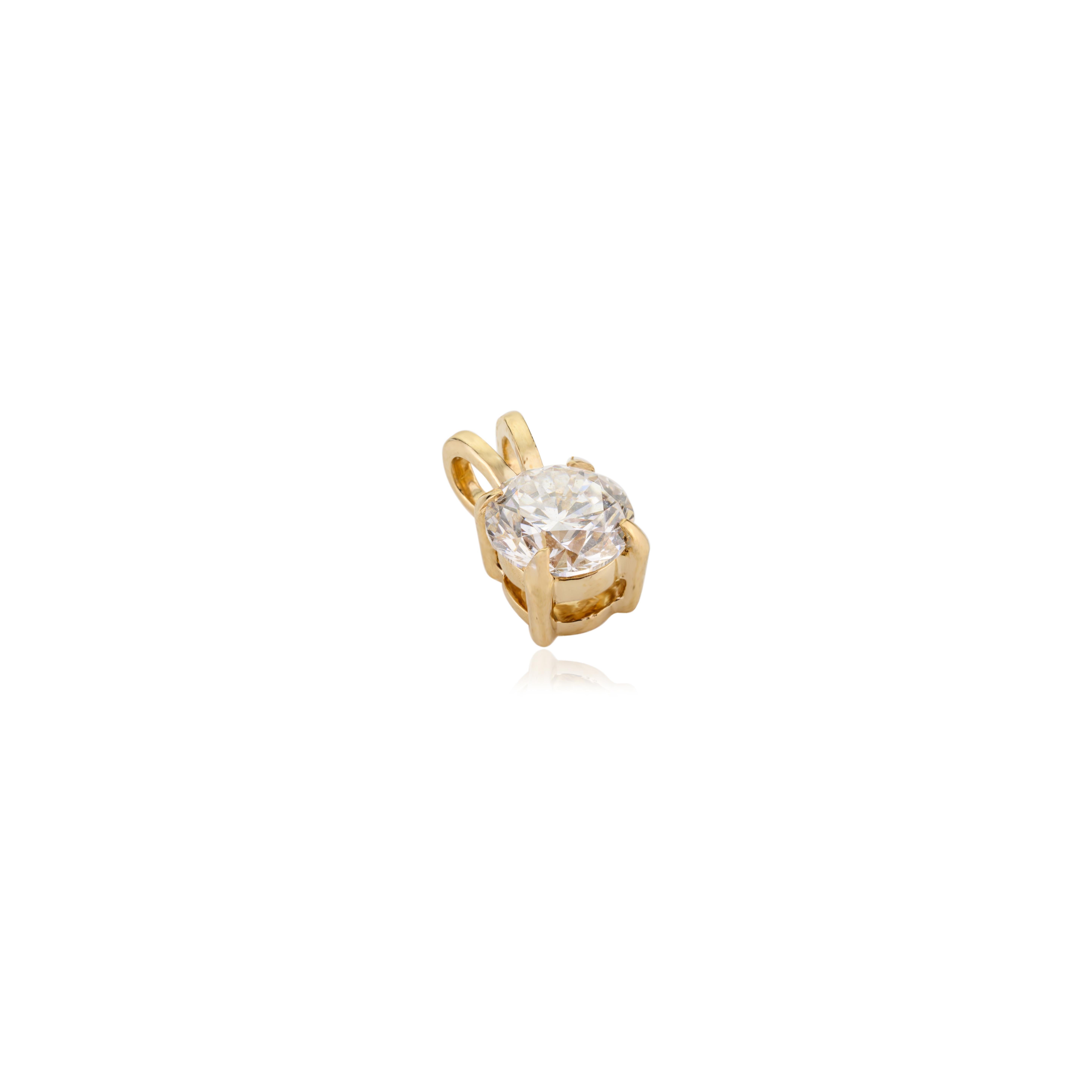 Round Cut Minimal Moissanite Solitaire Pendant in 14k Solid Yellow Gold Necklace for Mom For Sale