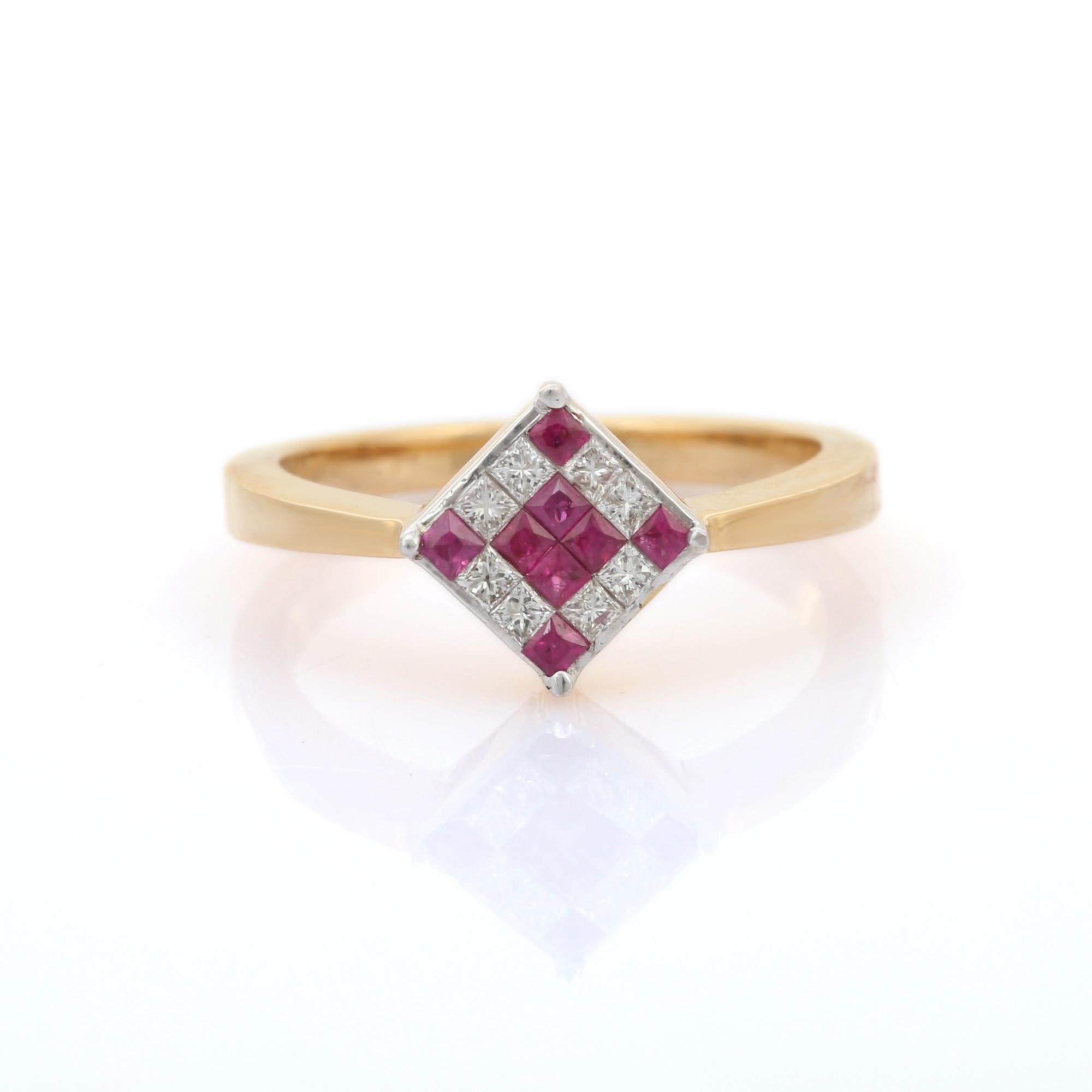 For Sale:  Minimal Mosaic Diamond Ruby Square Stacking Ring in 18K Yellow Gold Settings 2