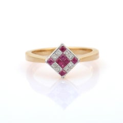 Minimal Mosaic Diamond Ruby Square Stacking Ring in 18K Yellow Gold Settings