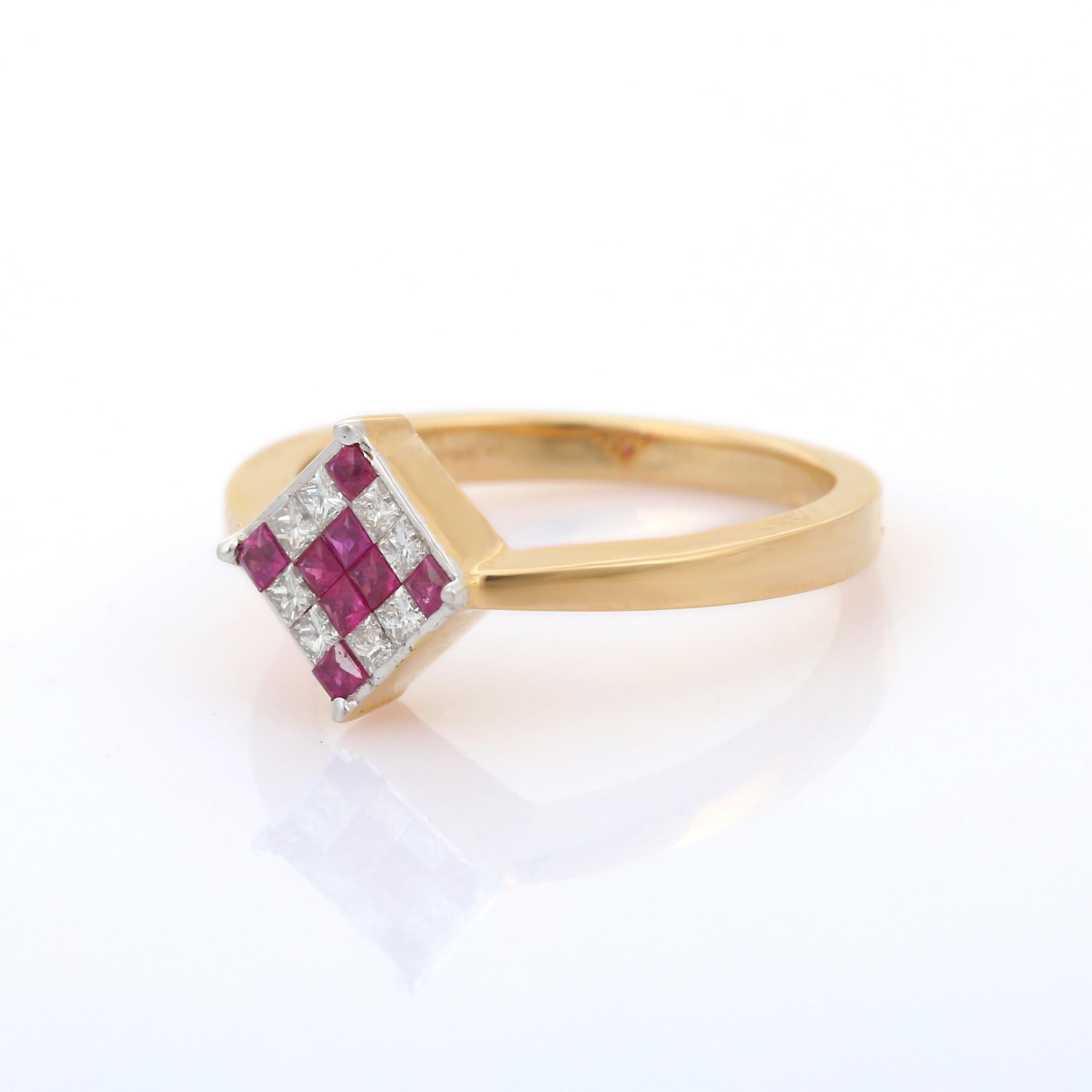 For Sale:  Minimal Mosaic Diamond Ruby Square Stacking Ring in 18K Yellow Gold Settings 4