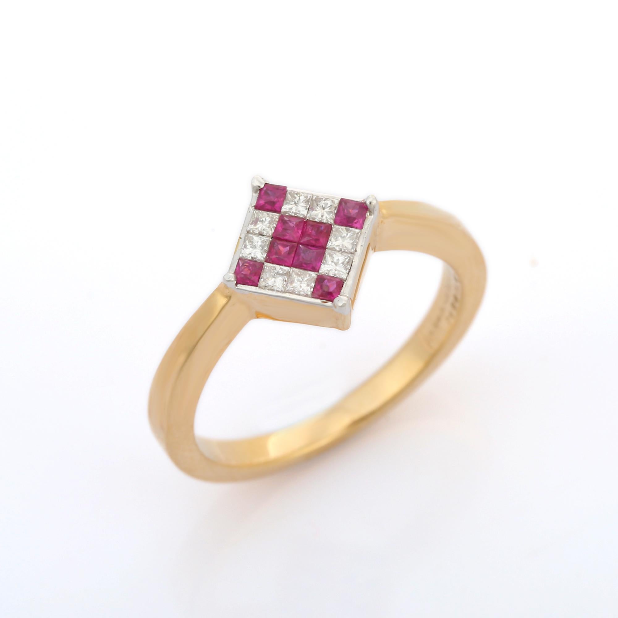 For Sale:  Minimal Mosaic Diamond Ruby Square Stacking Ring in 18K Yellow Gold Settings 5