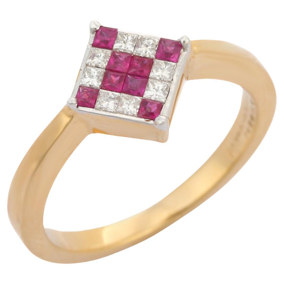 For Sale:  Minimal Mosaic Diamond Ruby Square Stacking Ring in 18K Yellow Gold Settings