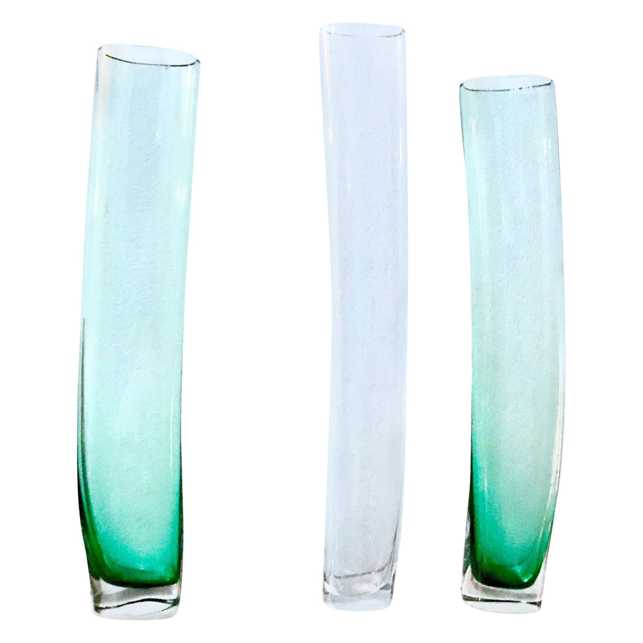 Minimal Murano Green & Clear Art Glass "Avec Grass" blown-glass Vase Set, 1990s