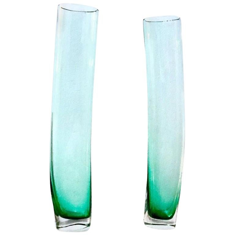 Minimal Murano Green & Clear Art Glass "Avec Grass" Blown-Glass Vase Set, 1990s For Sale