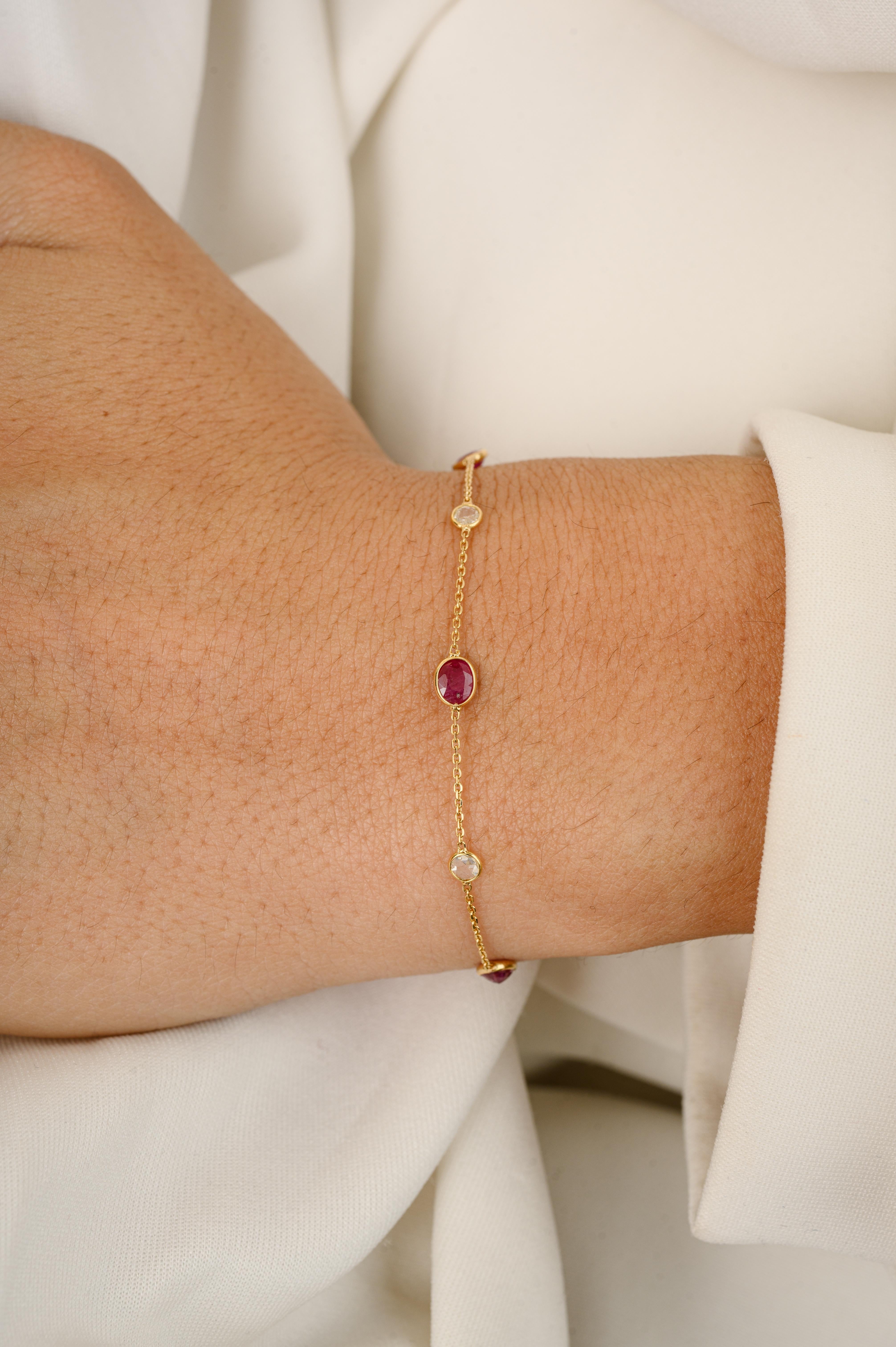 This Minimal Natural Ruby Diamond Chain Bracelet in 18K gold showcases 0.32 carats endlessly sparkling natural ruby and 0.05 carats of diamond. It measures 7 inches long in length. 
Ruby improves mental strength.
Designed with oval cut ruby and