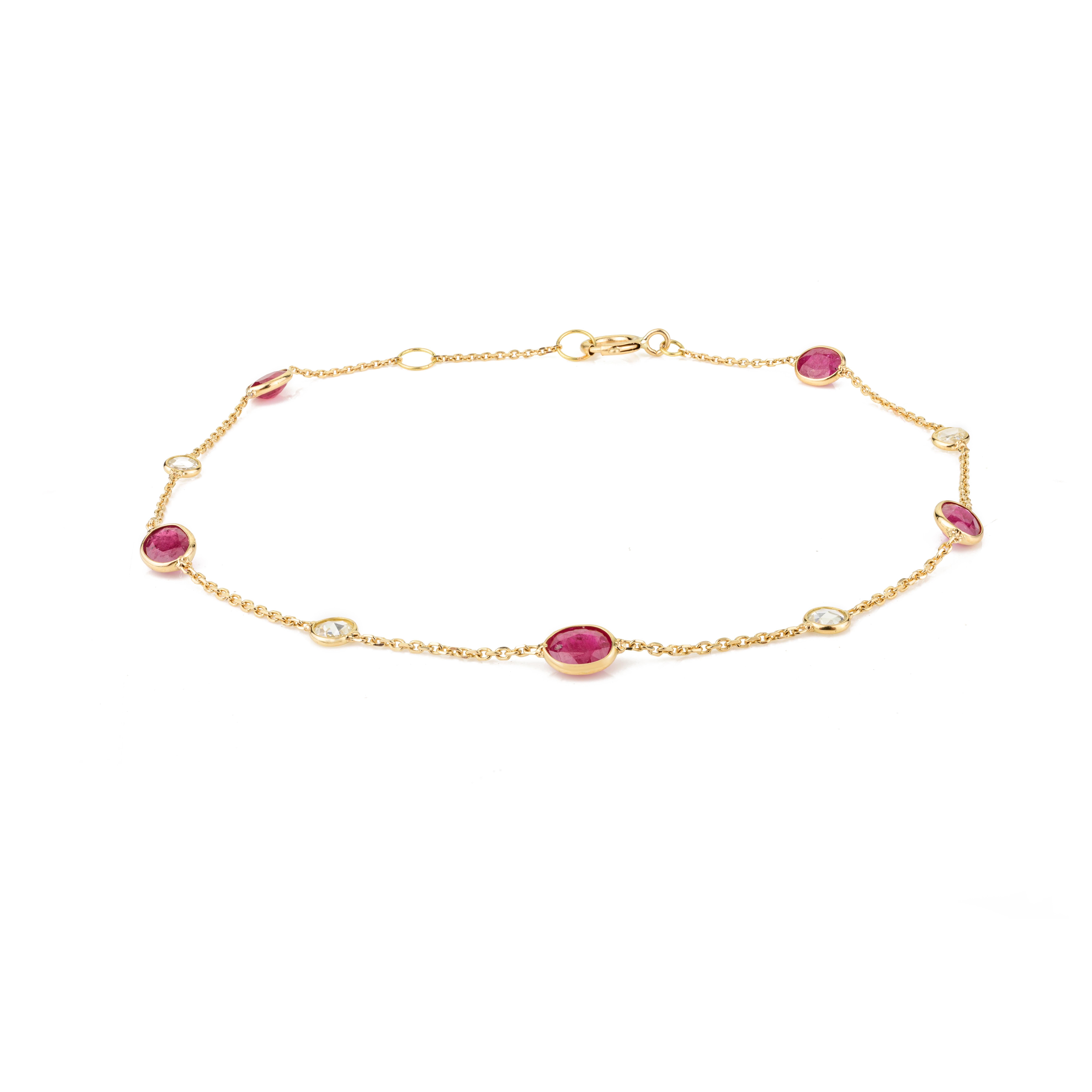 Minimal Natural Ruby Diamond Chain Bracelet in 18k Solid Yellow Gold In New Condition For Sale In Houston, TX