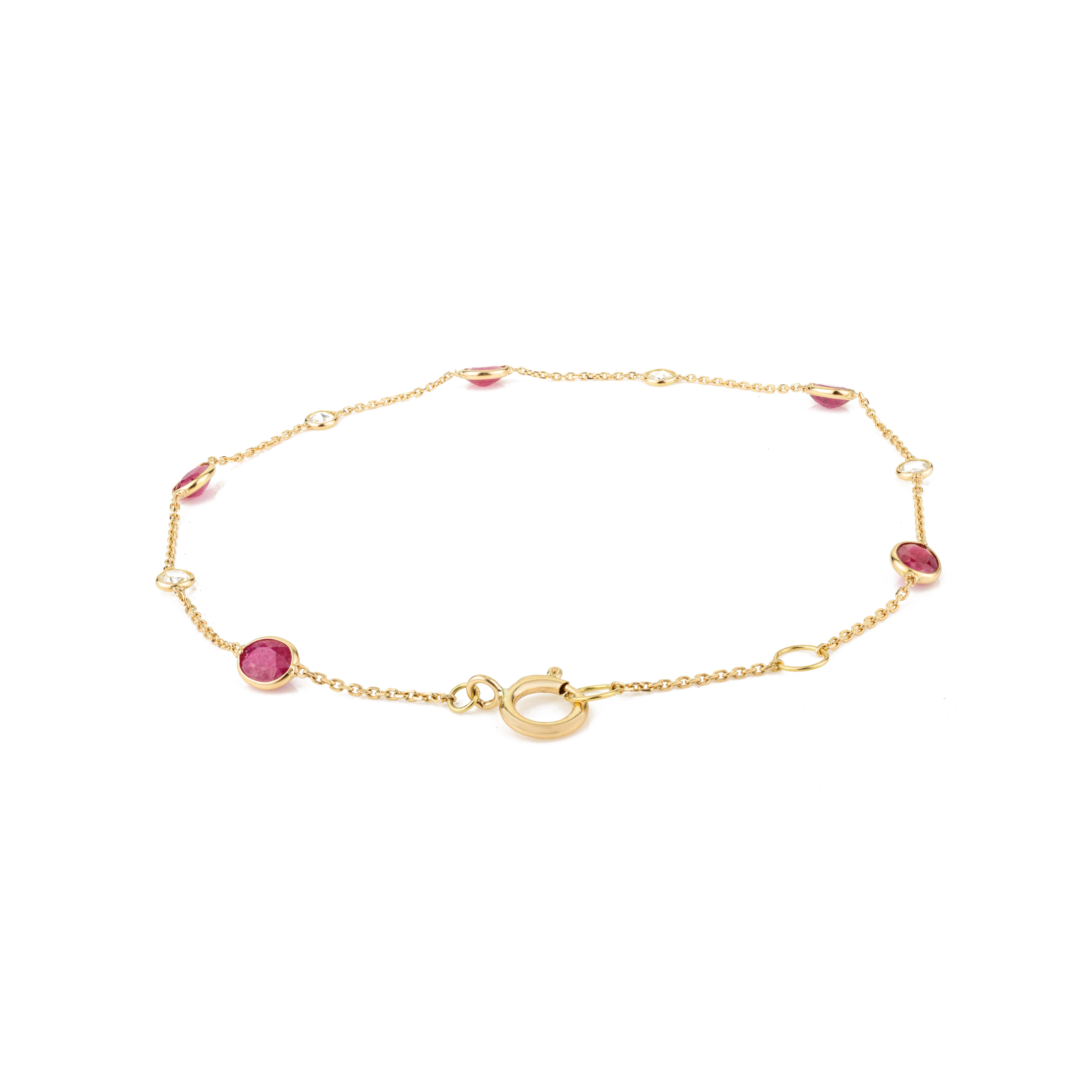 Minimal Natural Ruby Diamond Chain Bracelet in 18k Solid Yellow Gold For Sale 1