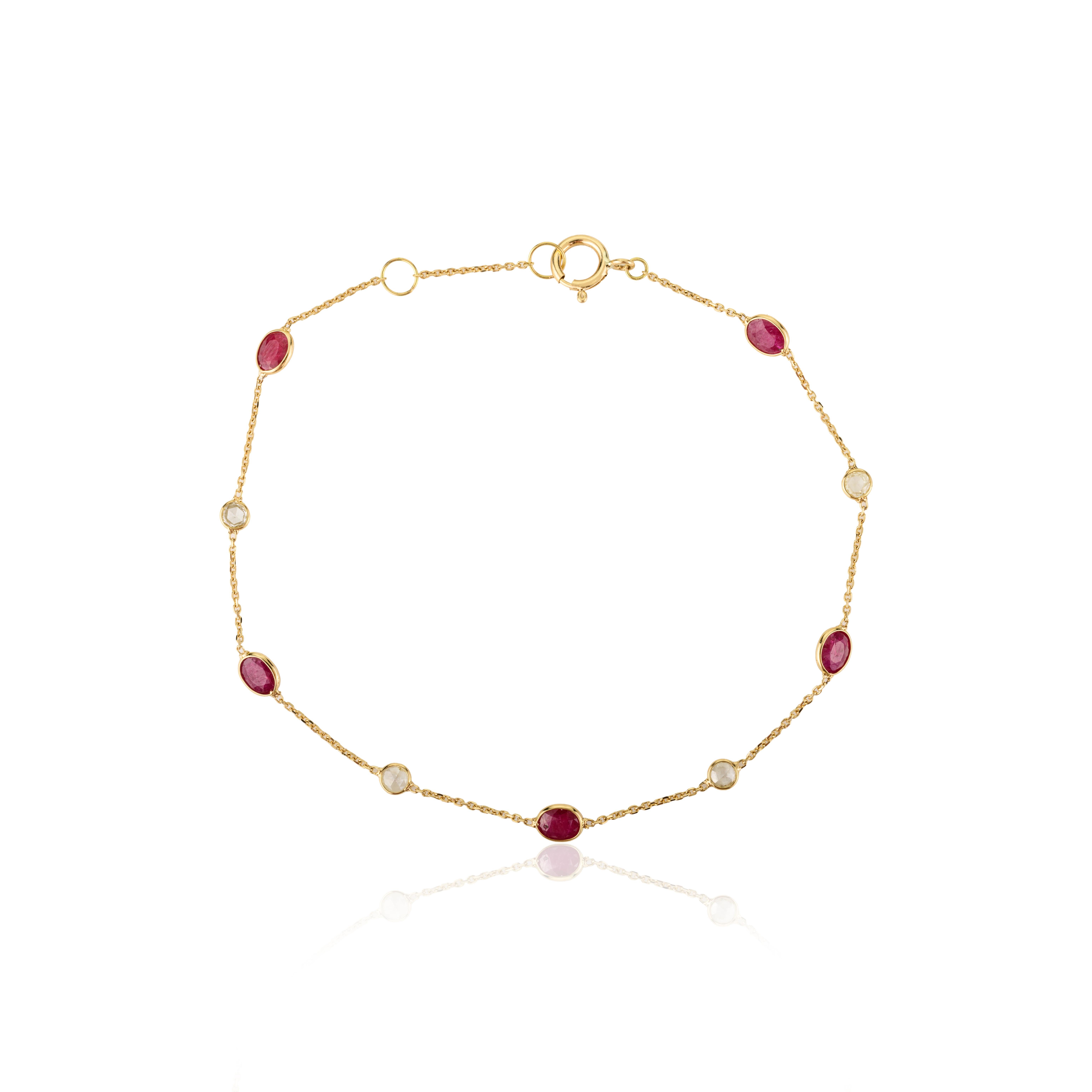 Minimal Natural Ruby Diamond Chain Bracelet in 18k Solid Yellow Gold For Sale 2