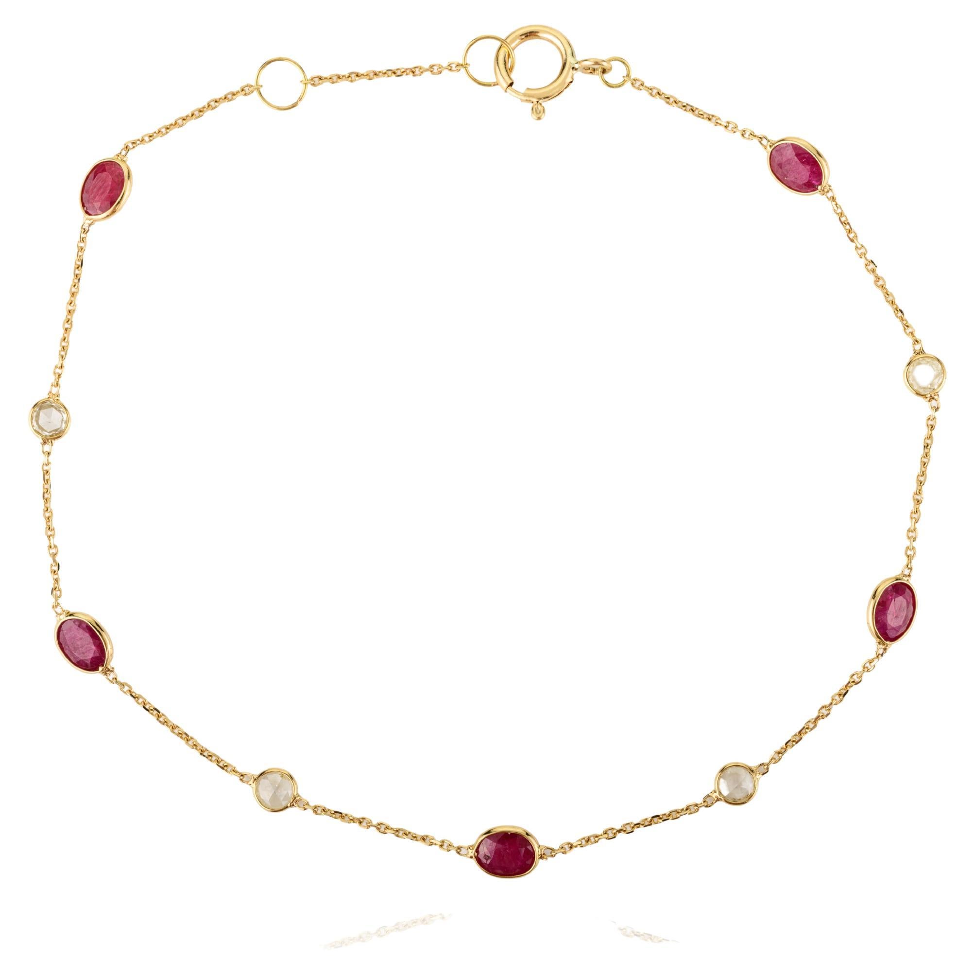 Minimal Natural Ruby Diamond Chain Bracelet in 18k Solid Yellow Gold For Sale