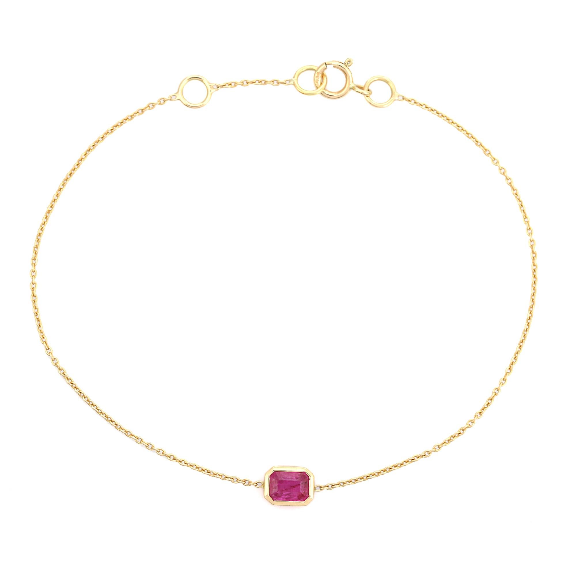 Moderniste Bracelet de chaîne en or jaune 14K avec rubis octogonal Cadeau pour elle en vente