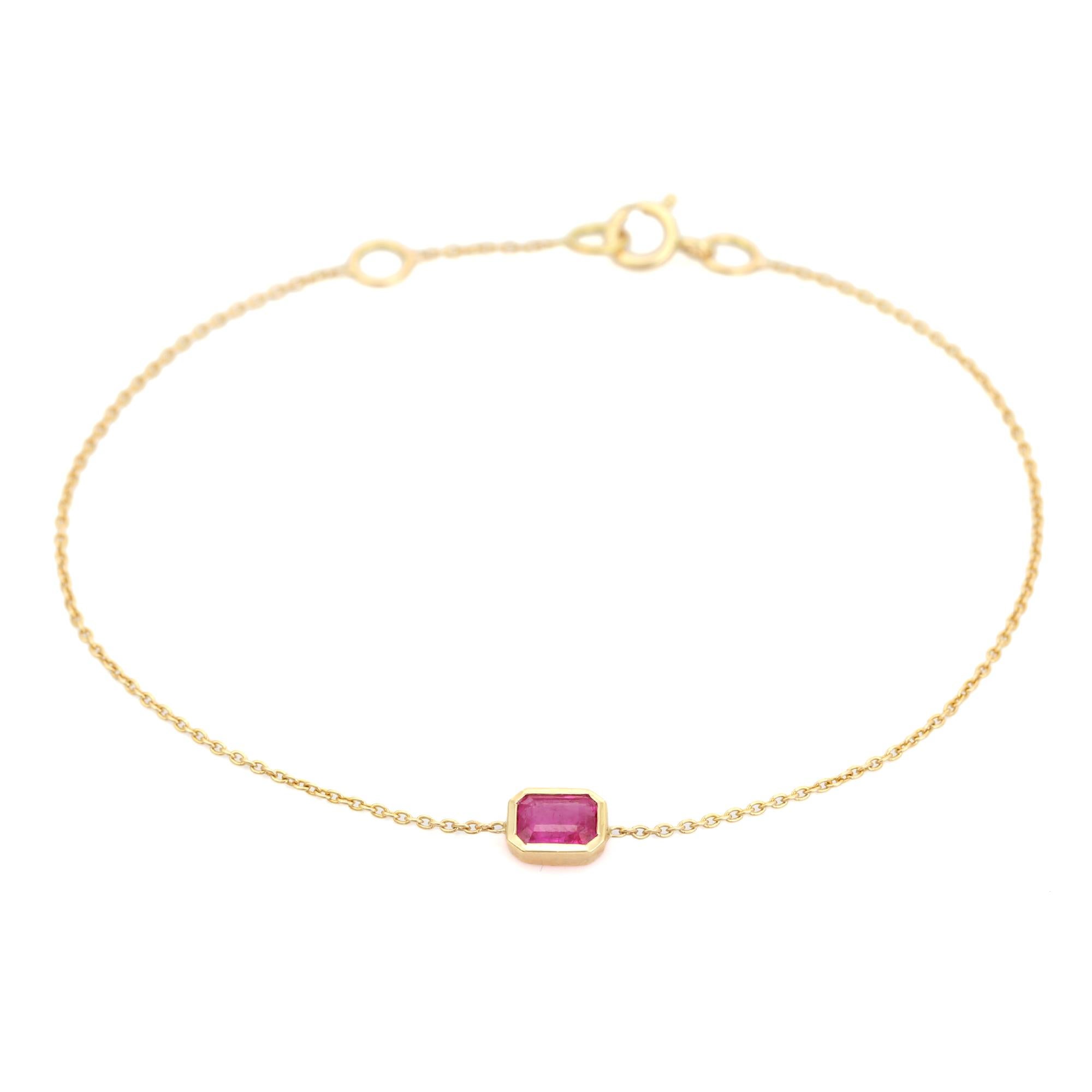 Taille octogone Bracelet de chaîne en or jaune 14K avec rubis octogonal Cadeau pour elle en vente