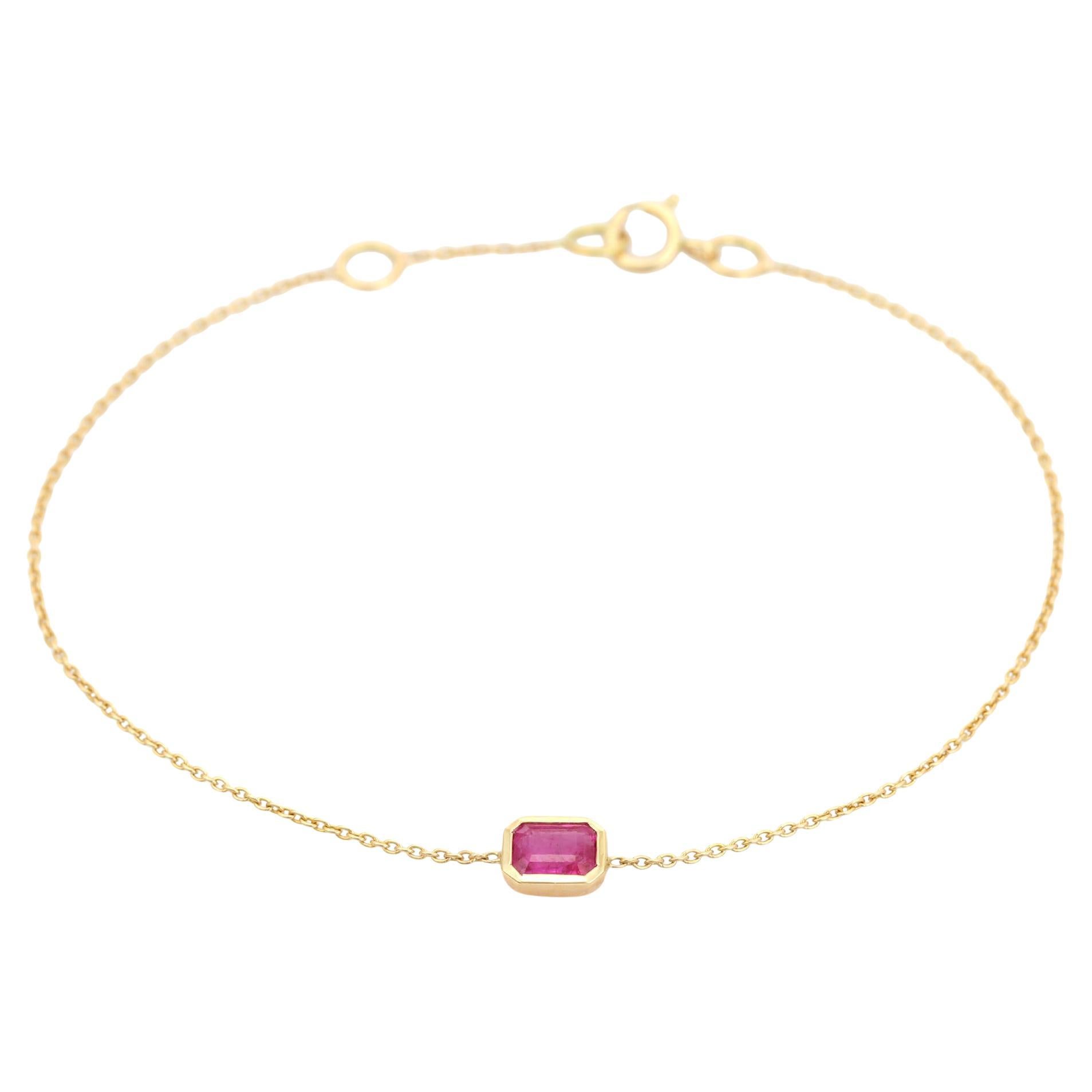 Bracciale a catena Minimal Octagon Ruby in oro giallo 14K Regalo di alta gioielleria per lei