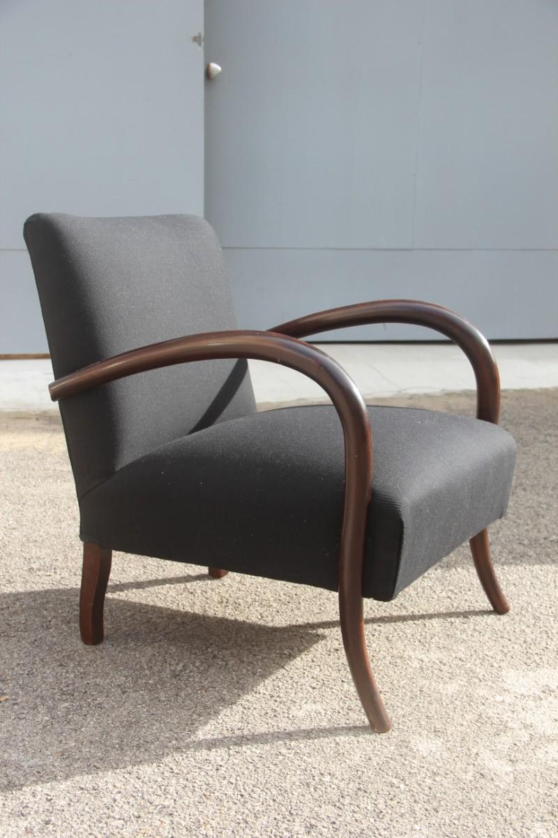 Mid-Century Modern Minimal Old Italian Armchair 1950s Round Rounded Armrests Black and Brown For Sale