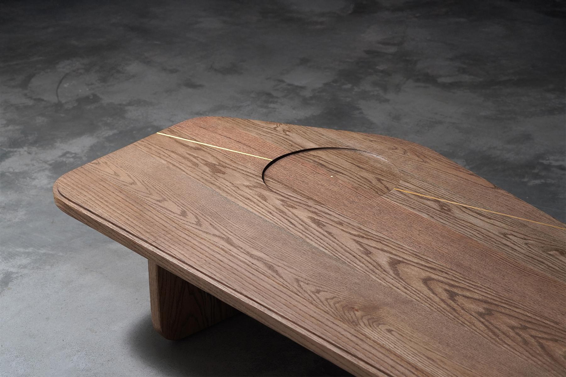Indian Minimal Organic Modern Oak wood Coffee Table with Brass Inlay For Sale