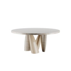 Minimal Organic Modern White Round Dining Table in Travertine Marble Lacquered