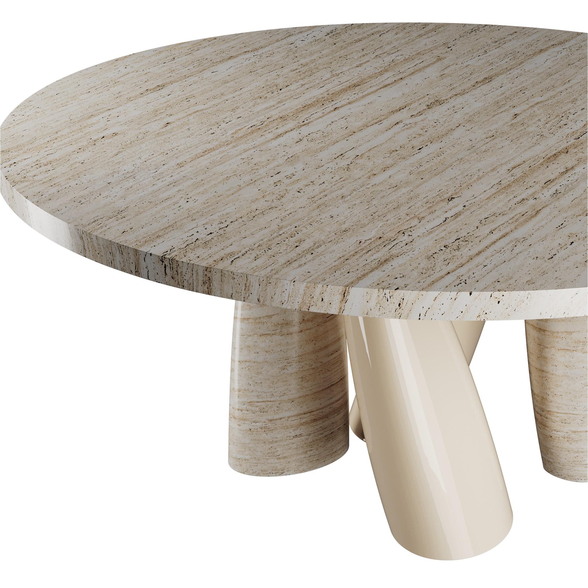 Scandinave moderne Table de salle à manger ronde blanche, organique et minimaliste, laquée en marbre travertin en vente