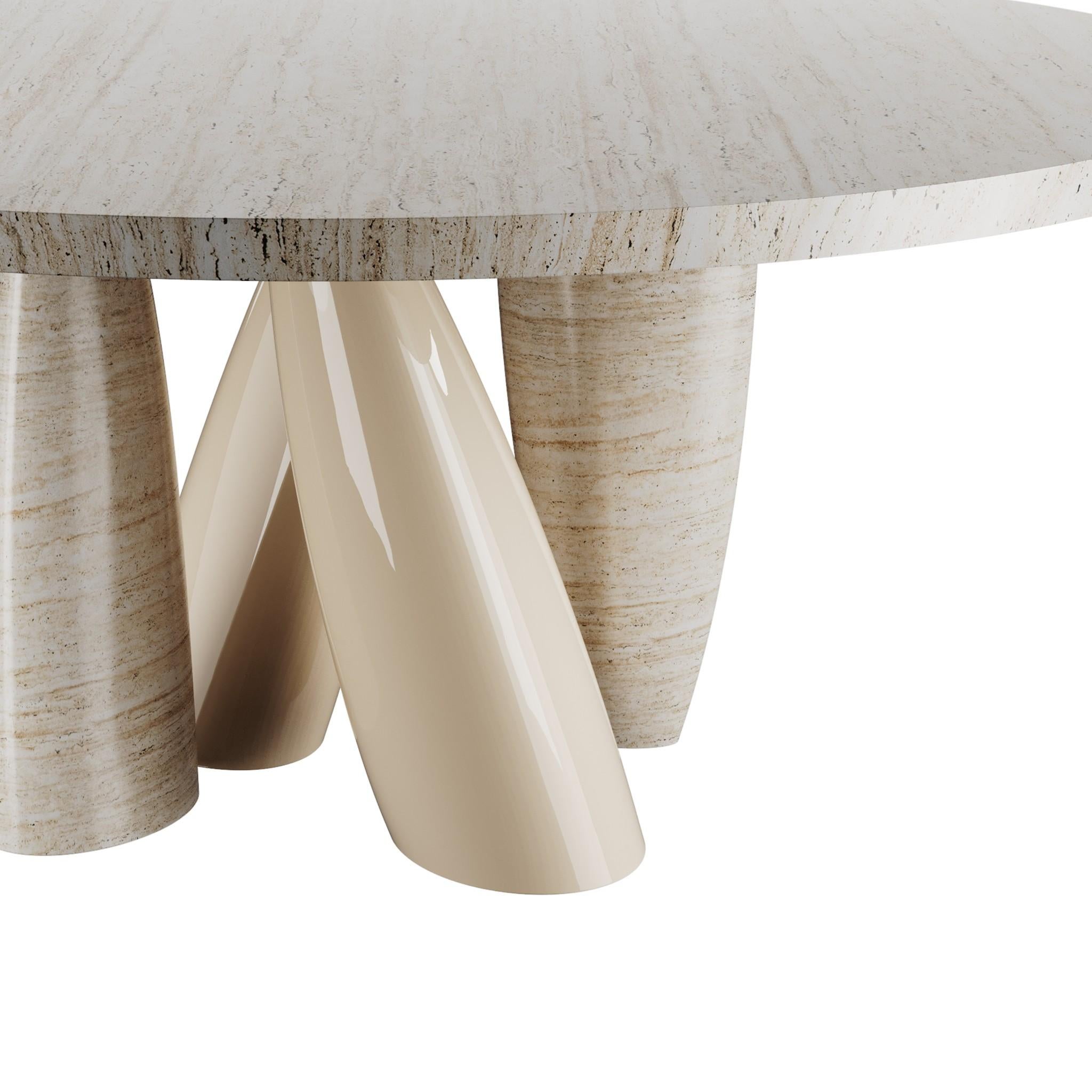 Portugais Table de salle à manger ronde blanche, organique et minimaliste, laquée en marbre travertin en vente