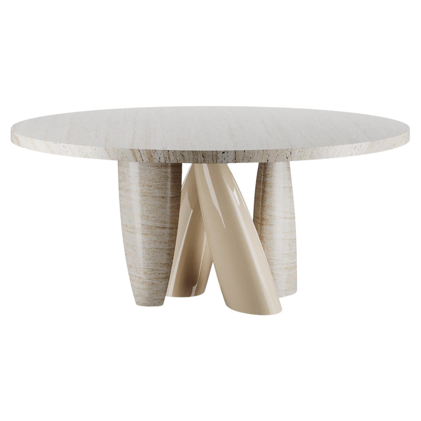 Table de salle à manger ronde blanche, organique et minimaliste, laquée en marbre travertin