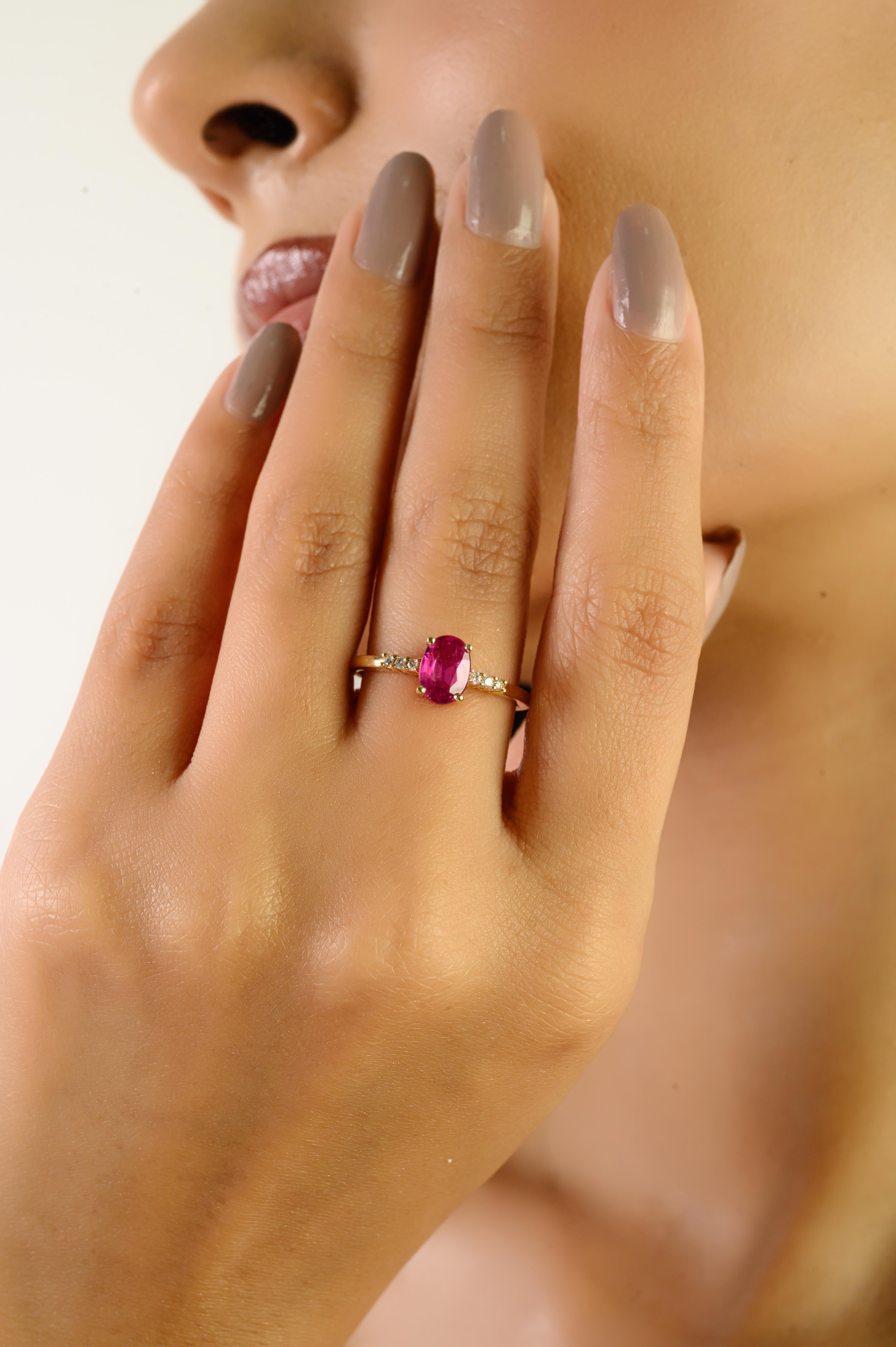 En vente :  Bague de fiançailles en or jaune 14K avec solitaire ovale en rubis naturel et diamant 3