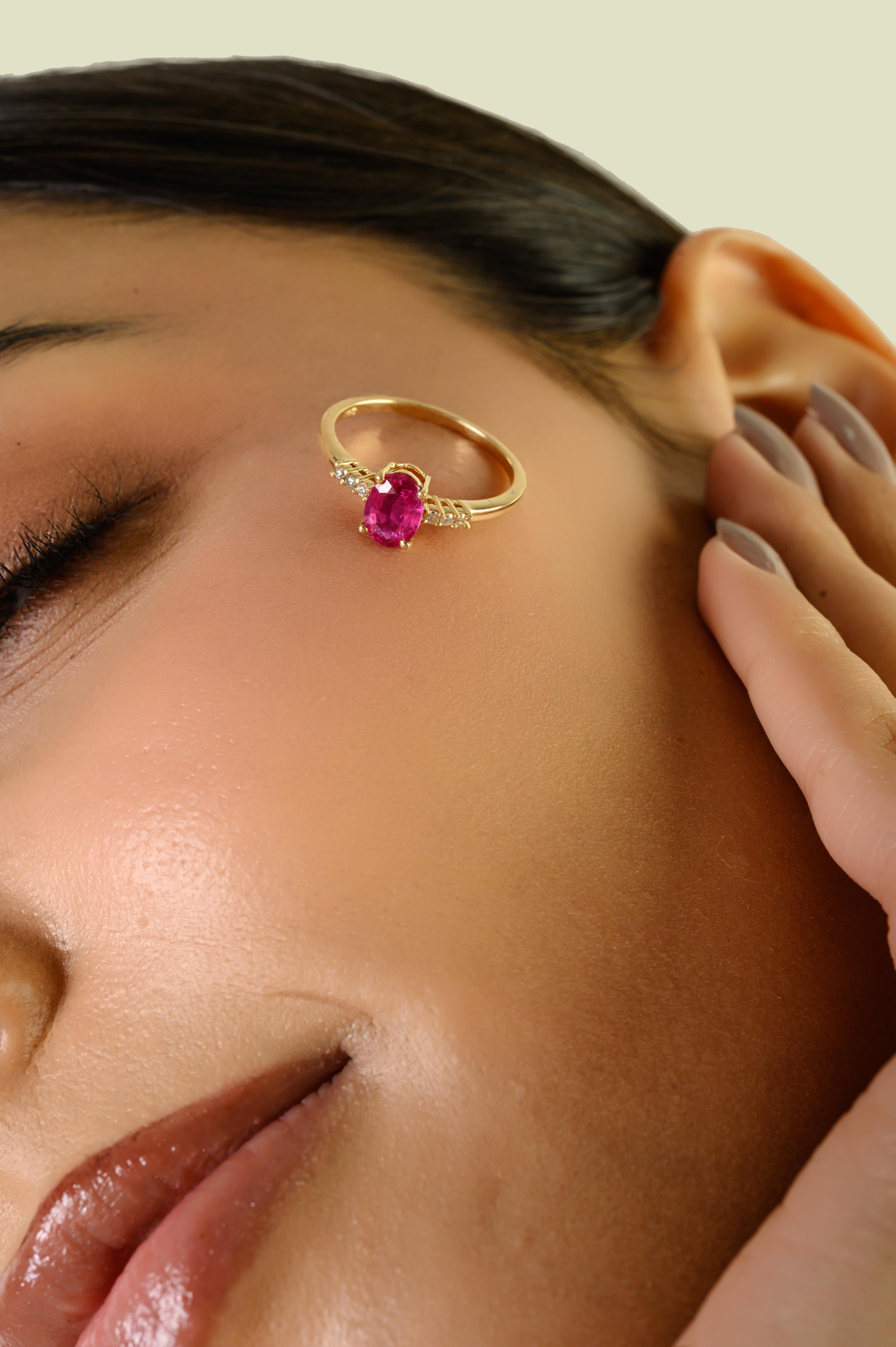 En vente :  Bague de fiançailles en or jaune 14K avec solitaire ovale en rubis naturel et diamant 8