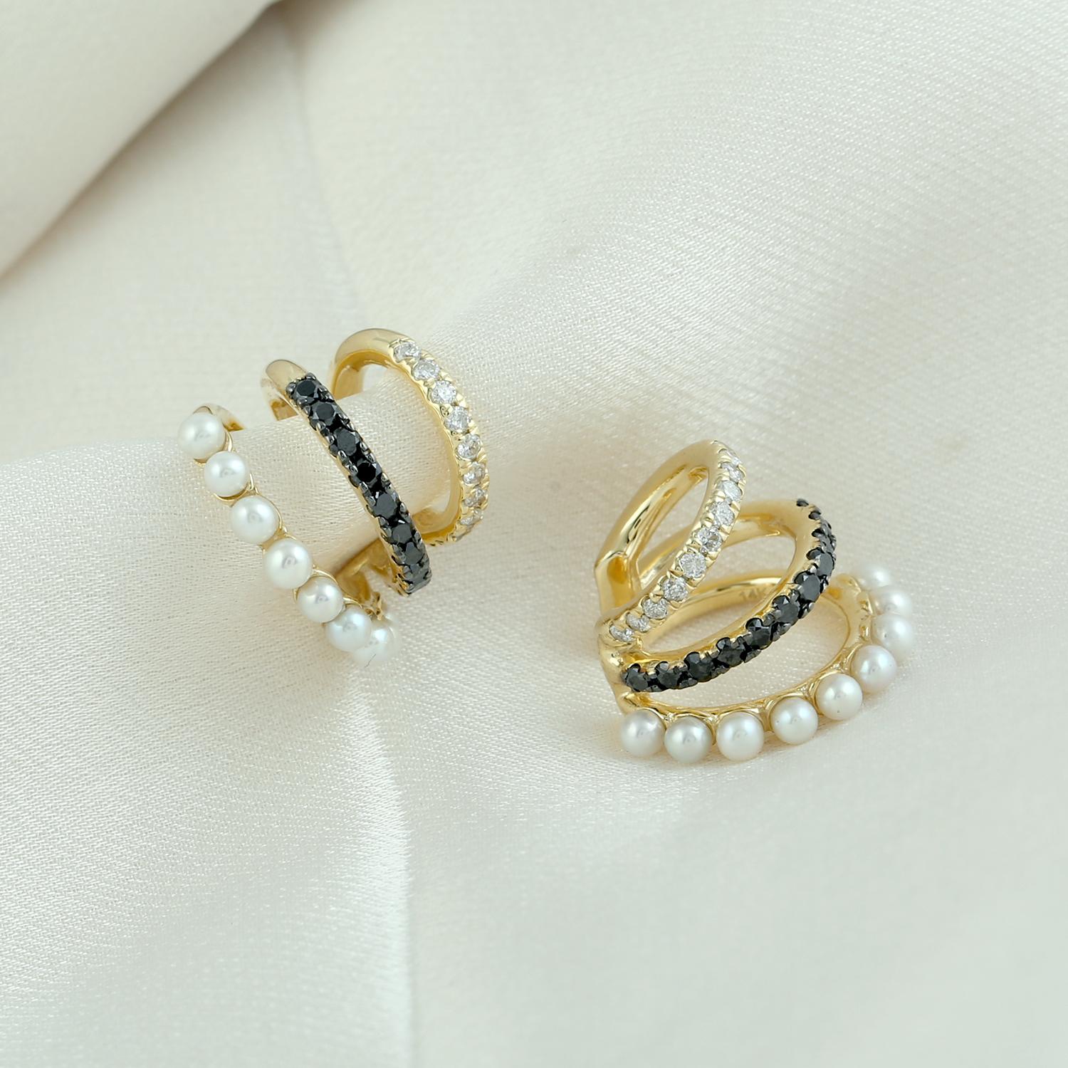 Art déco Manchette d'oreille en or jaune 14k avec perles minuscules et diamants noirs et blancs en vente