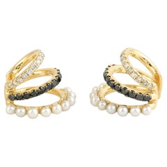 Minimal Pearl Ear Cuff Accented With Black & White Diamonds In 14k Yellow Gold