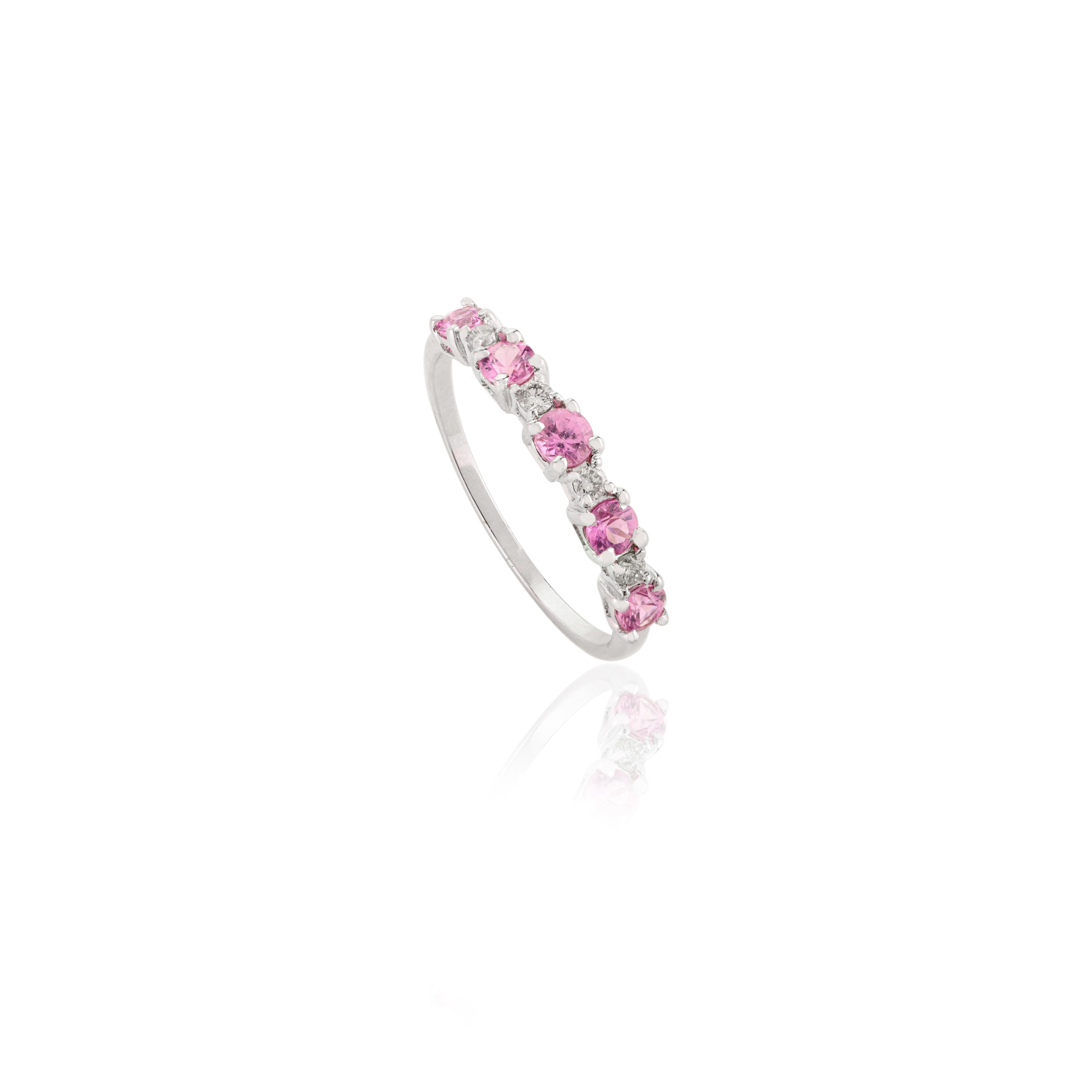 For Sale:  Minimal Pink Sapphire Diamond Half Stacking Band Ring in 14k Solid White Gold 2