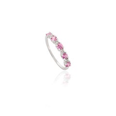 Minimal Pink Sapphire Diamond Half Stacking Band Ring in 14k Solid White Gold