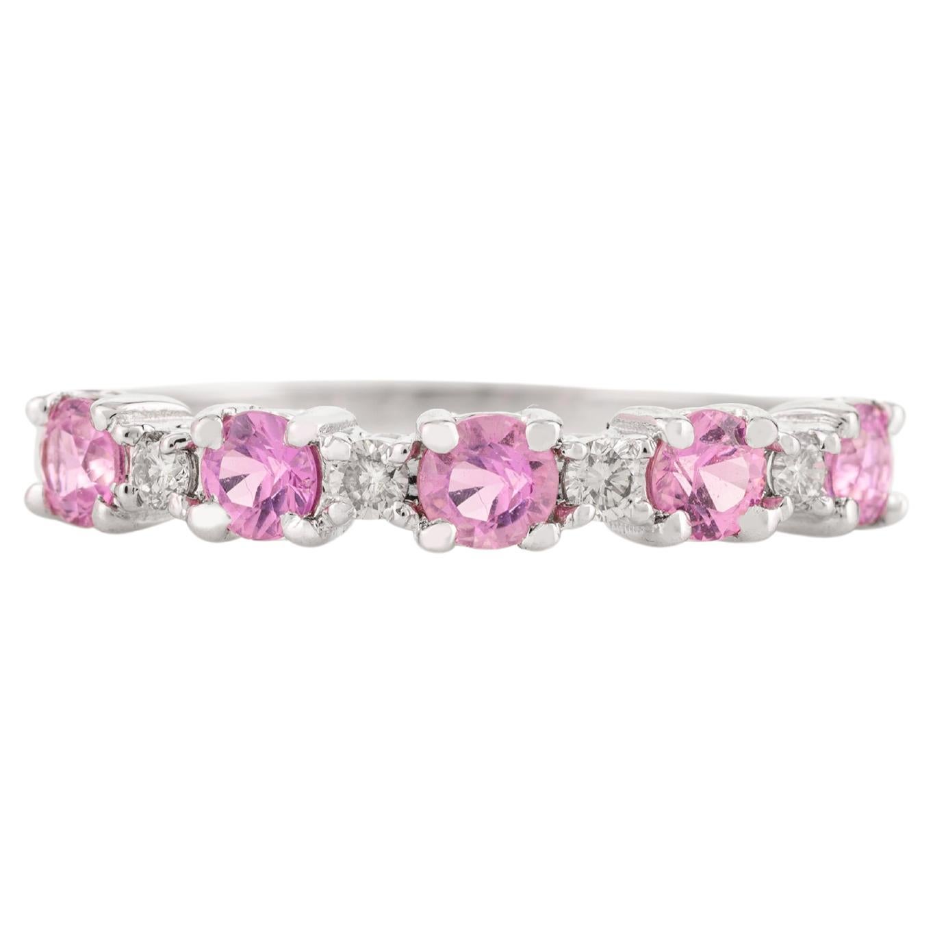 Minimal Pink Sapphire Diamond Half Stacking Band Ring in 14k Solid White Gold