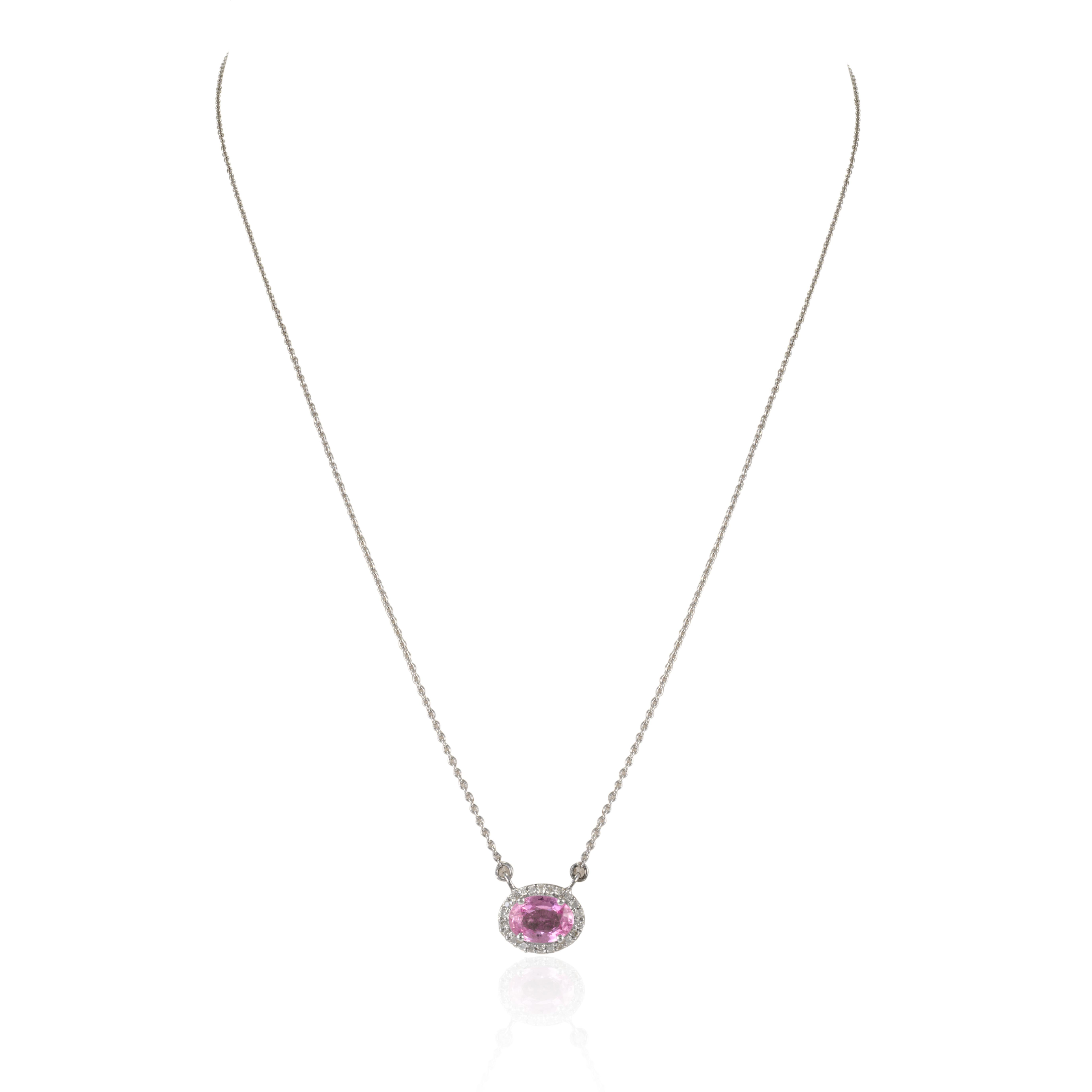 Modern Dainty Pink Sapphire Halo Diamond Pendant Necklace in 14k Solid White Gold For Sale