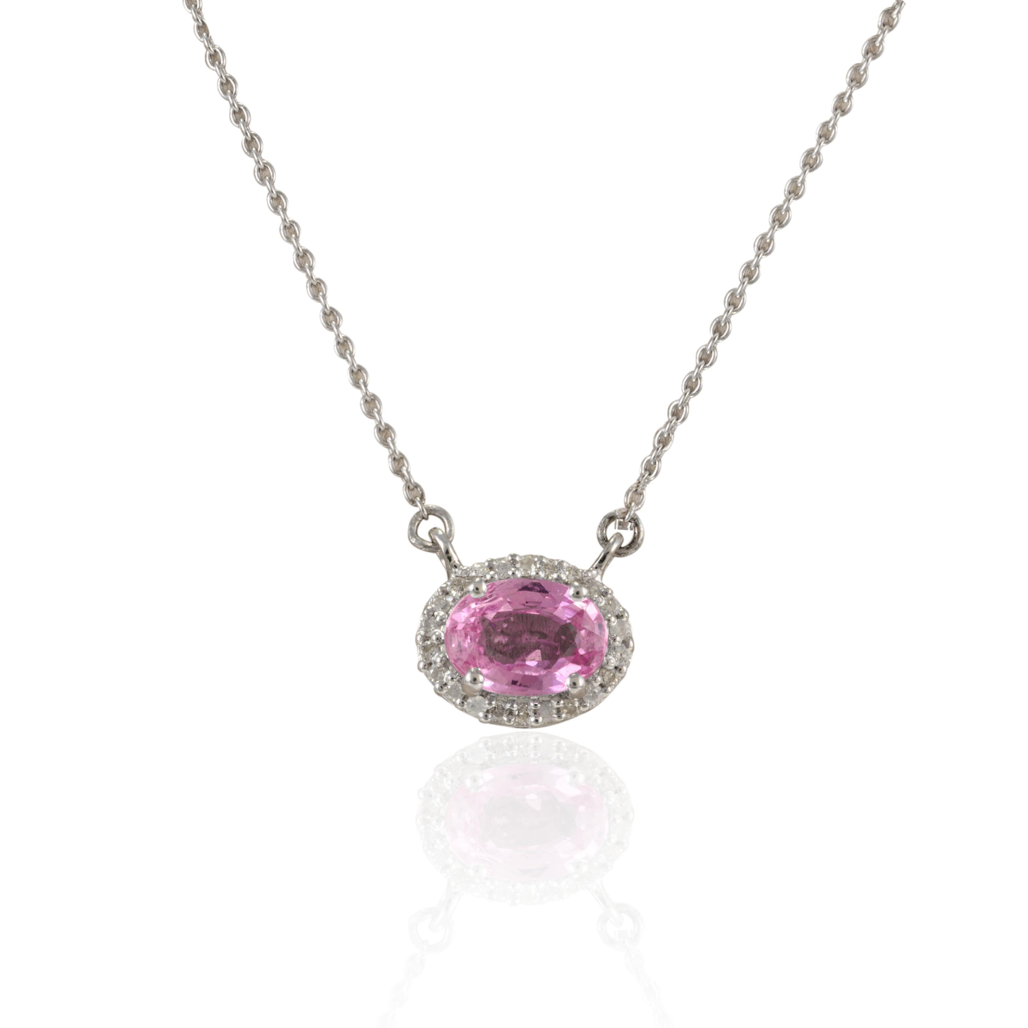 Women's Dainty Pink Sapphire Halo Diamond Pendant Necklace in 14k Solid White Gold For Sale