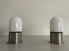 Minimal Rare Opal Glass & Chrome Pair of Flush Mounts by BEGA, 1970s, Germany