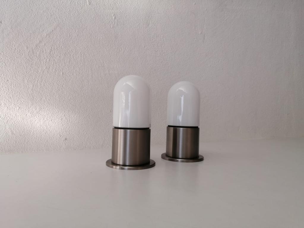 Space Age Minimal Rare Opal Glass & Metal Pair of Flush Mounts by BEGA, 1970s, Germany
