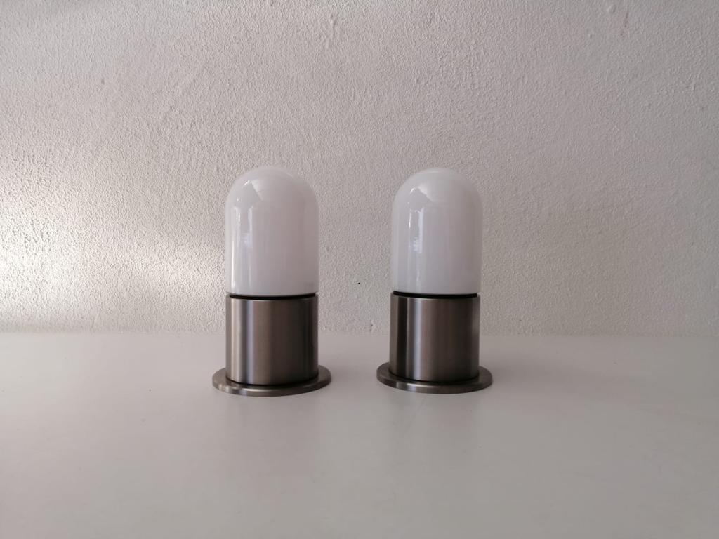 Minimal Rare Opal Glass & Metal Pair of Flush Mounts by BEGA, 1970s, Germany In Good Condition In Hagenbach, DE