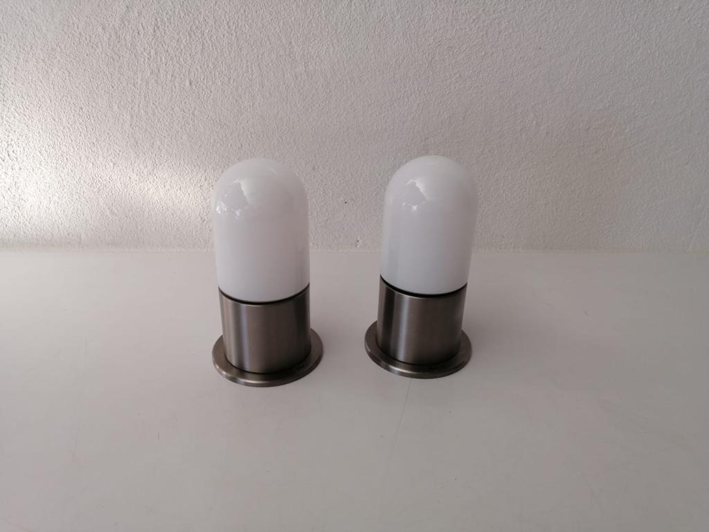 Minimal Rare Opal Glass & Metal Pair of Flush Mounts by BEGA, 1970s, Germany 3