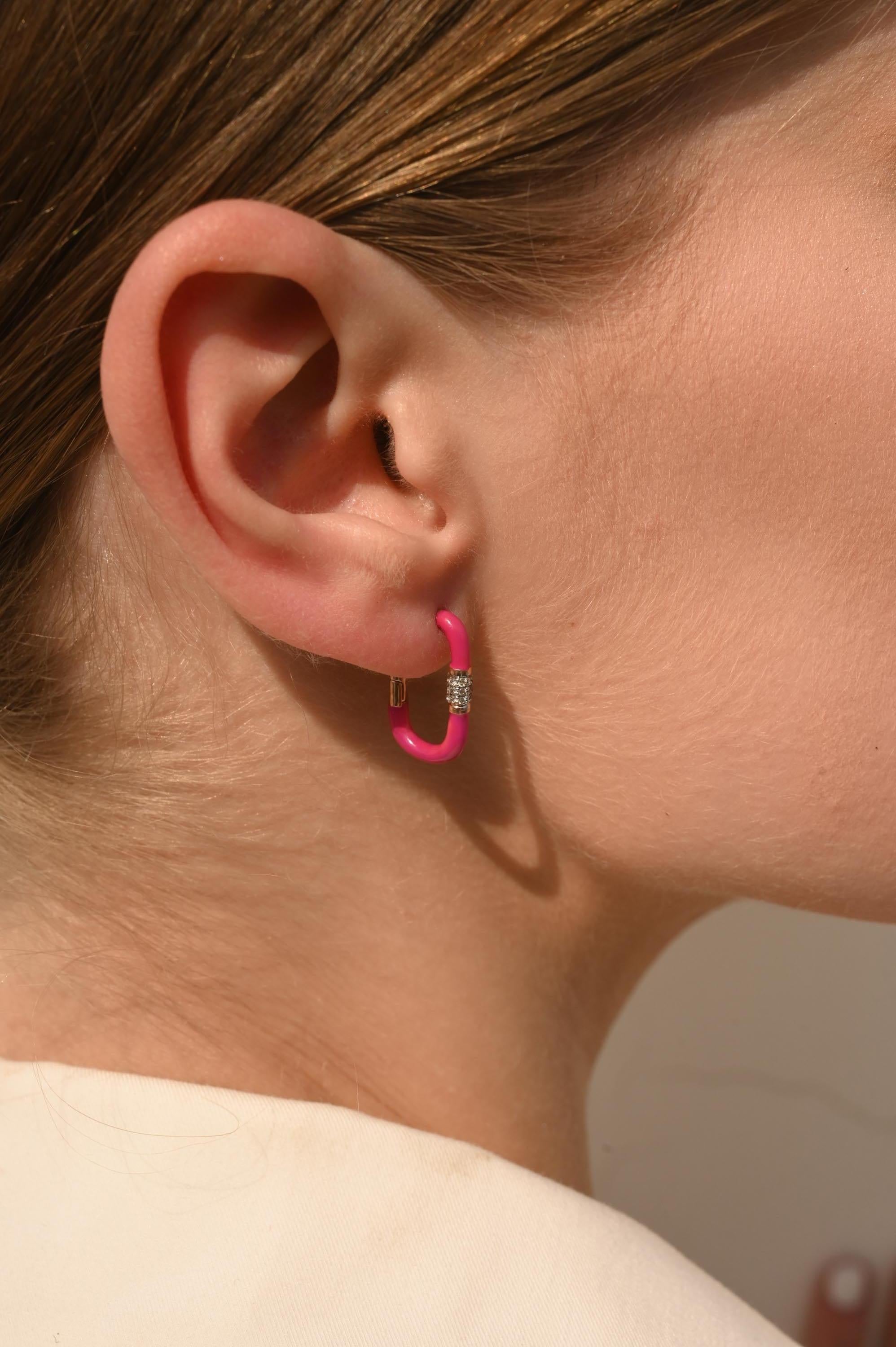 Women's Minimal Rectangle Pink Enamel Diamond Hoop Earrings in Solid 14k Yellow Gold For Sale