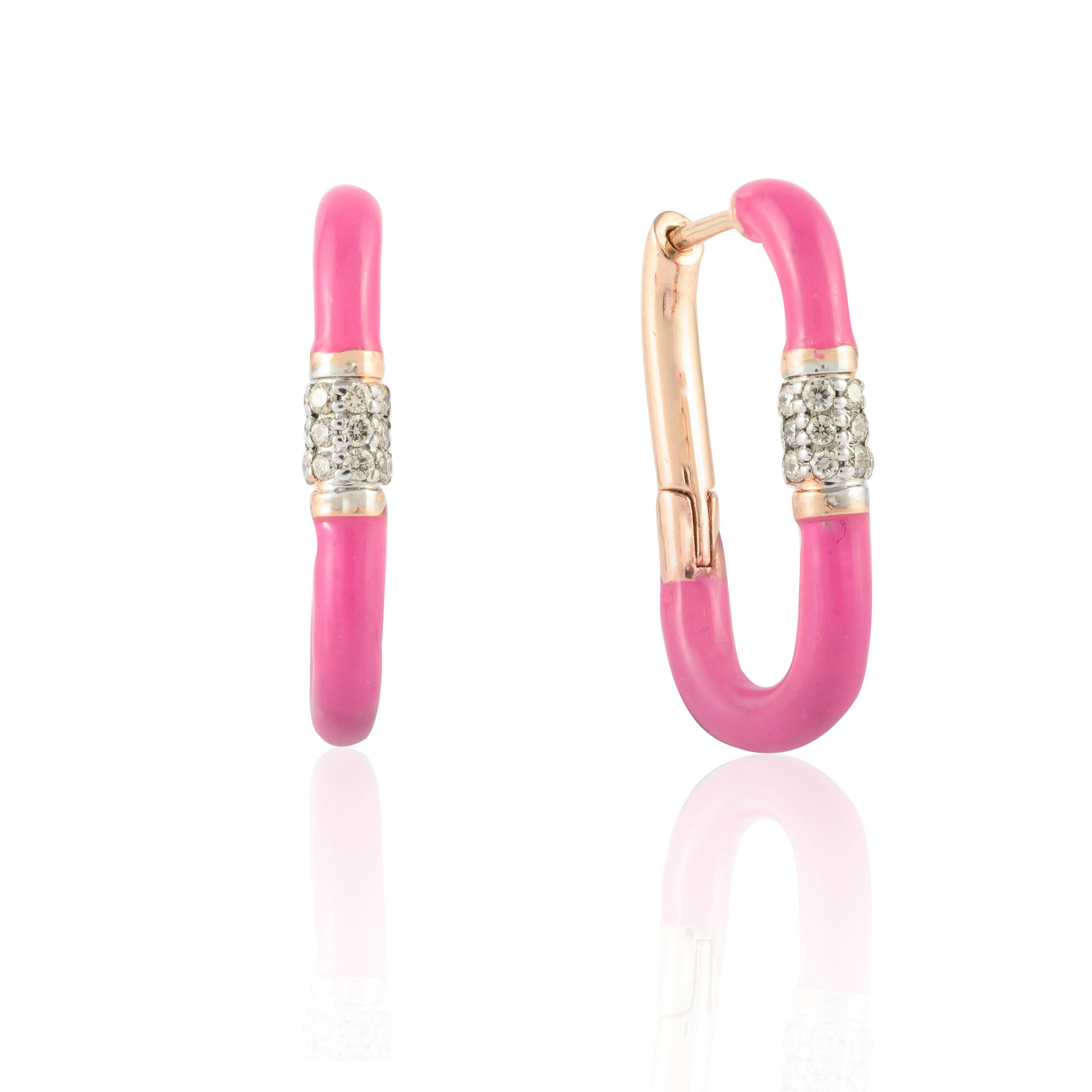 Minimal Rectangle Pink Enamel Diamond Hoop Earrings in Solid 14k Yellow Gold For Sale 1
