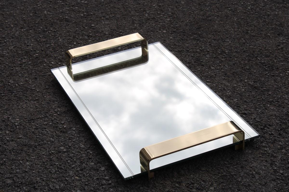Minimal rectangular tray Italian design handles solid brass 1970s mirror.