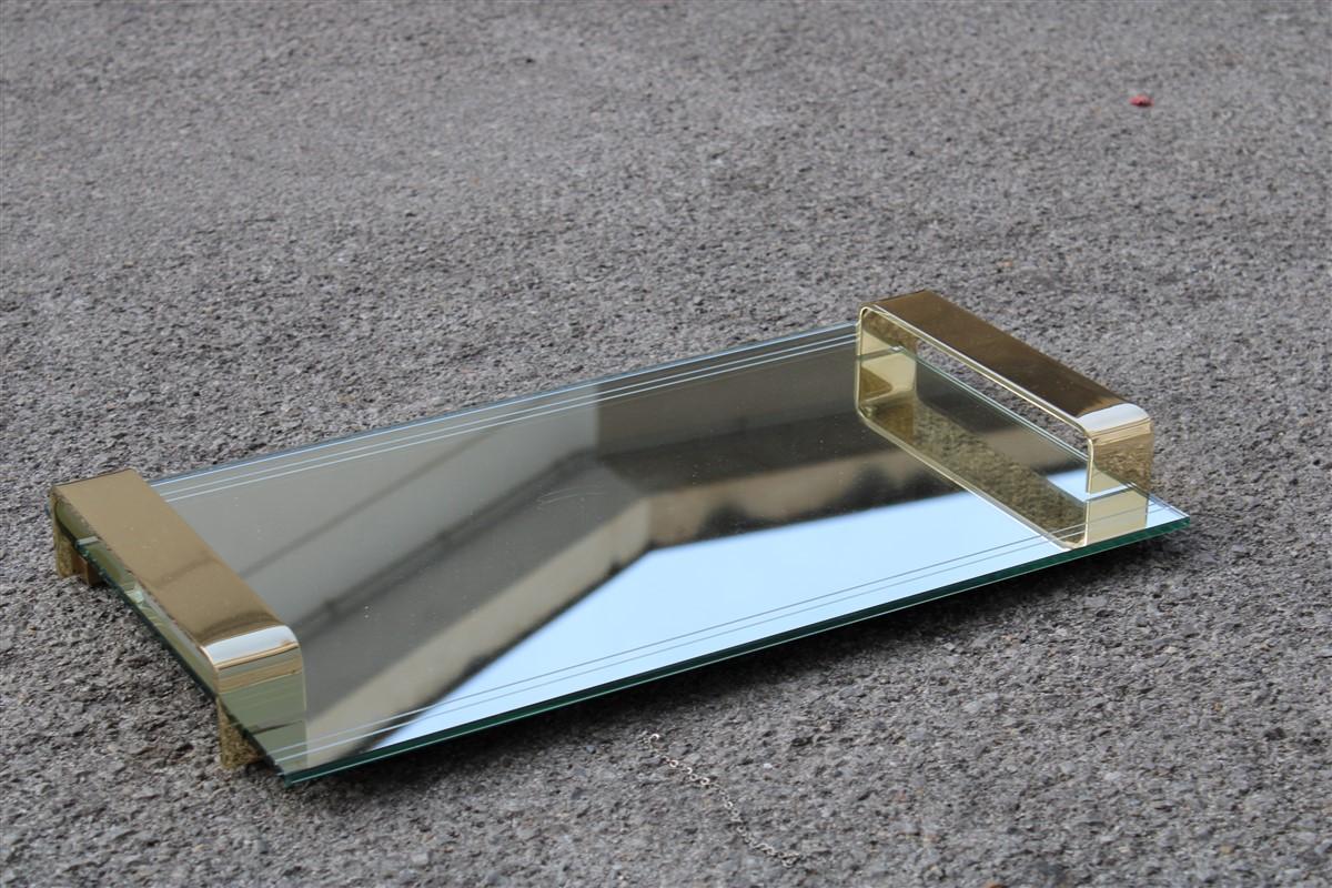 Mid-Century Modern Minimal Rectangular Tray Italian Design Handles Solid Brass 1970s Mirror