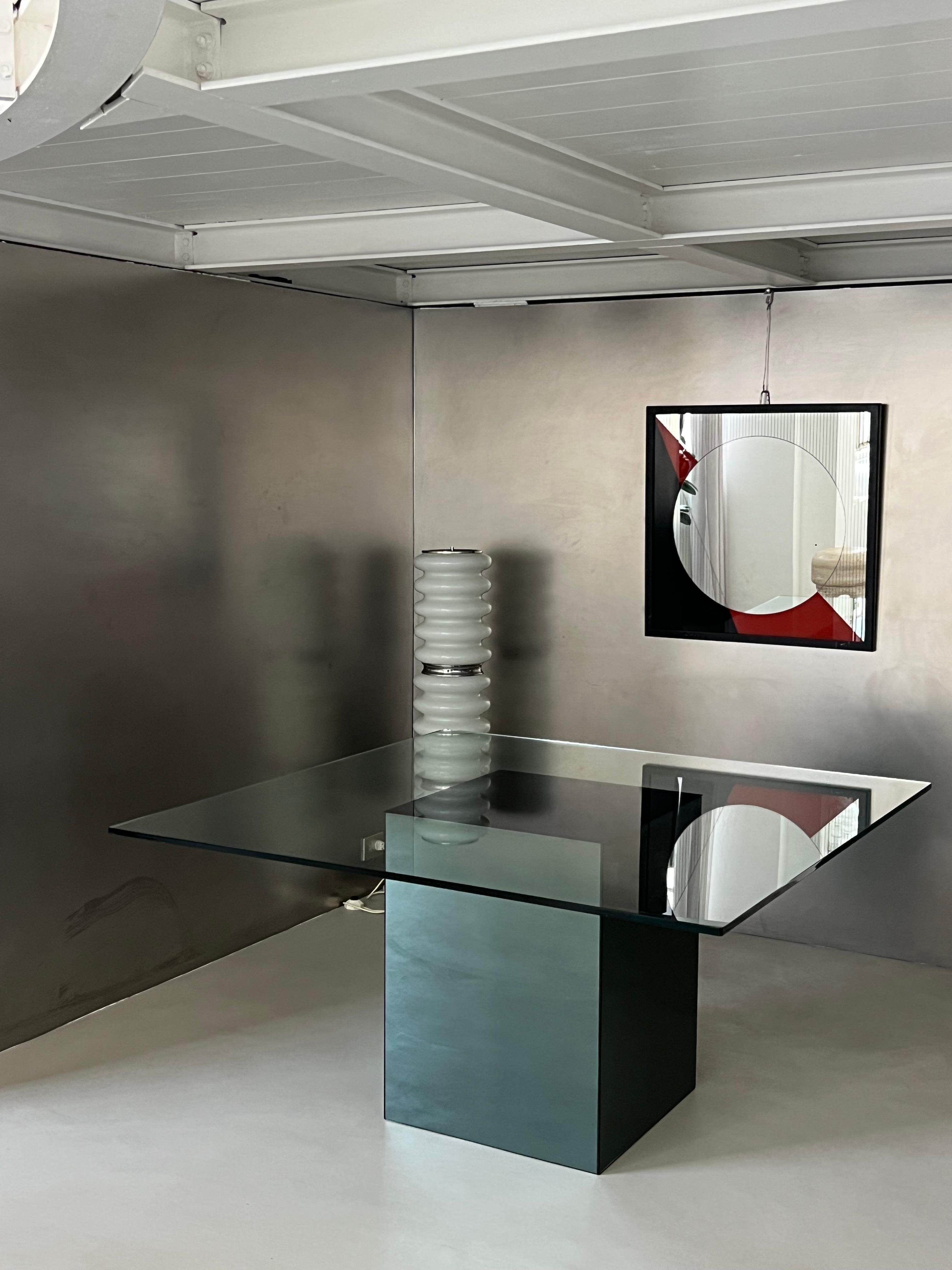 Italian Minimal retro Mirror and chrystal square dining table by Nanda Vigo for Acerbis