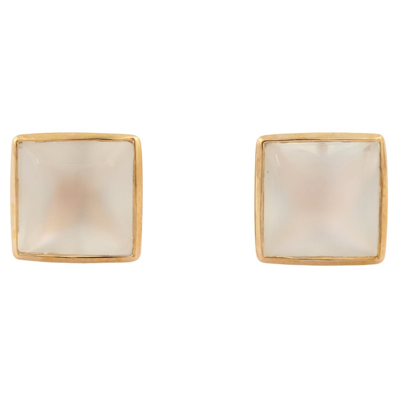 Clous d'oreilles carrés en or jaune 14 carats avec pierre de lune rose minimaliste de tous les jours