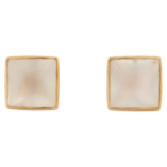 Minimal Rose Moonstone Square Ringed In 14K Yellow Gold Everyday Stud Earrings