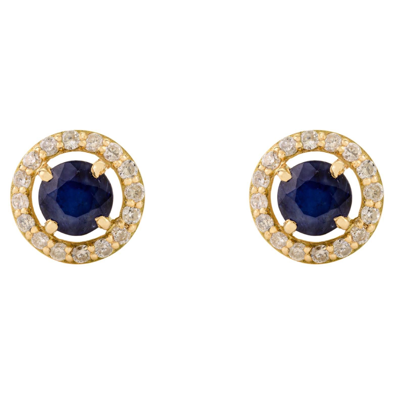 Minimal Round Cut Blue Sapphire & Diamond Halo Stud Earrings in 14K Yellow Gold