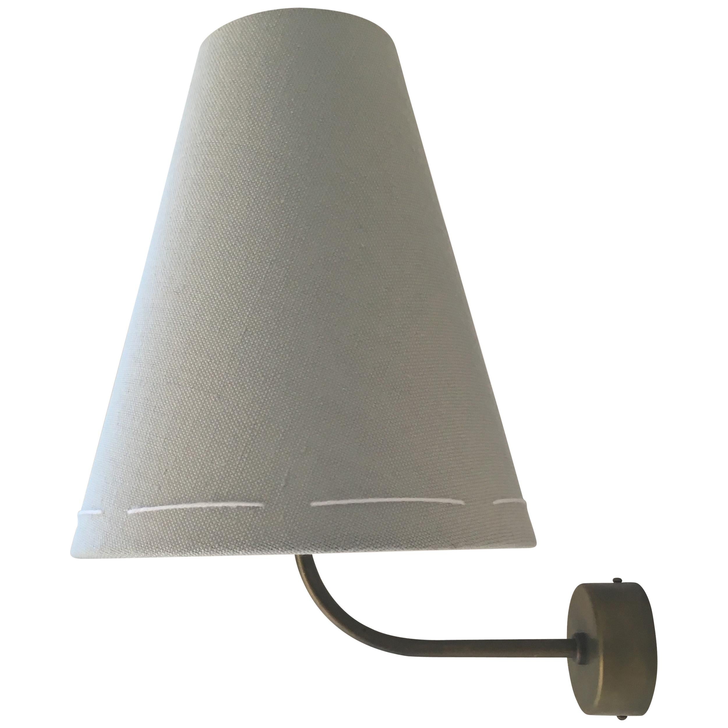  J 160 Wall Light by Wende Reid - Minimal Rustic Hand-stitched Linen and Brass For Sale