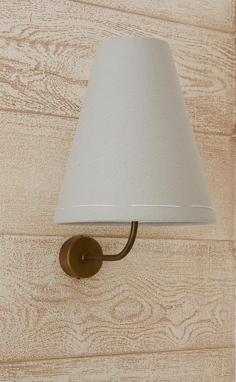 Contemporary  J 160 Wall Light by Wende Reid - Minimal Rustic Hand-stitched Linen and Brass For Sale
