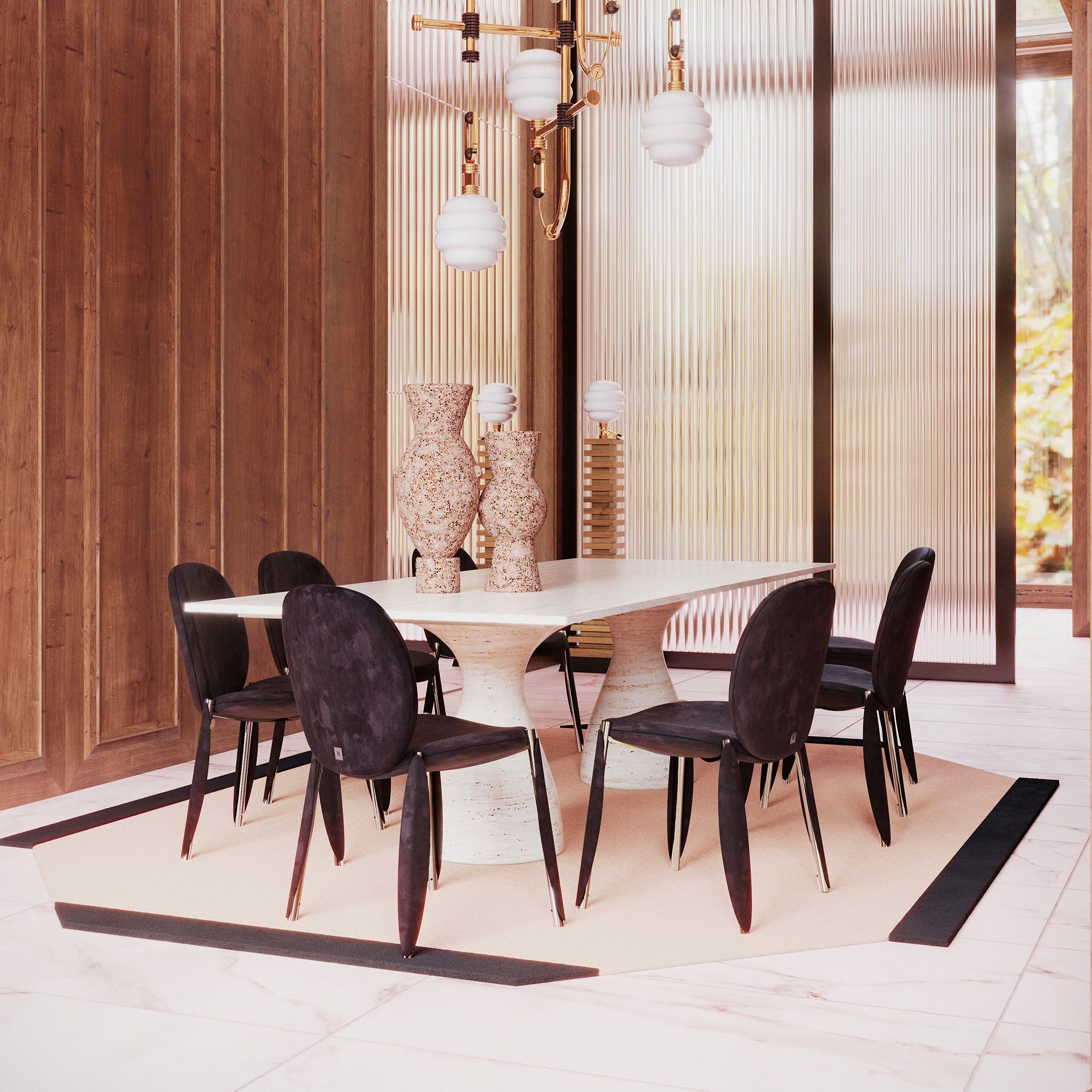 Zimmer Dining Table Travertine ist ein moderner Esstisch mit einer köstlichen Textur und einem reichen Wirbel von natürlichen Farben. Mit seiner eigentümlichen Modernität, der rechteckigen Platte und den klobigen, gedrechselten Beinen schafft der