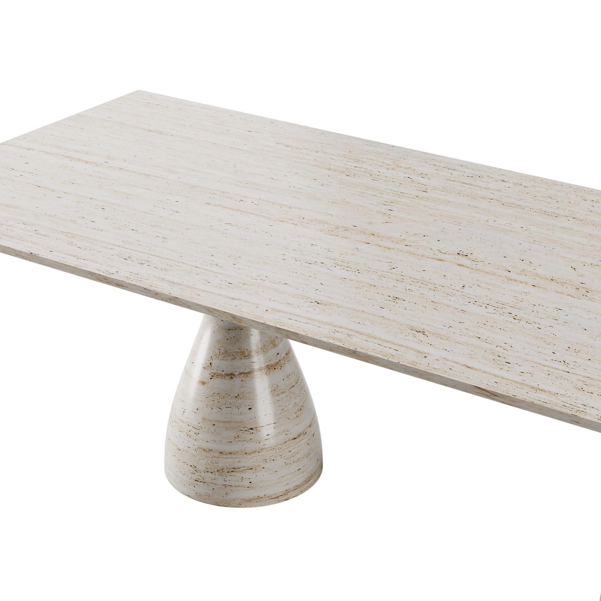 Portuguese Minimal Scandinavian Modern White Dining Table in Travertine Marble Curved Legs For Sale